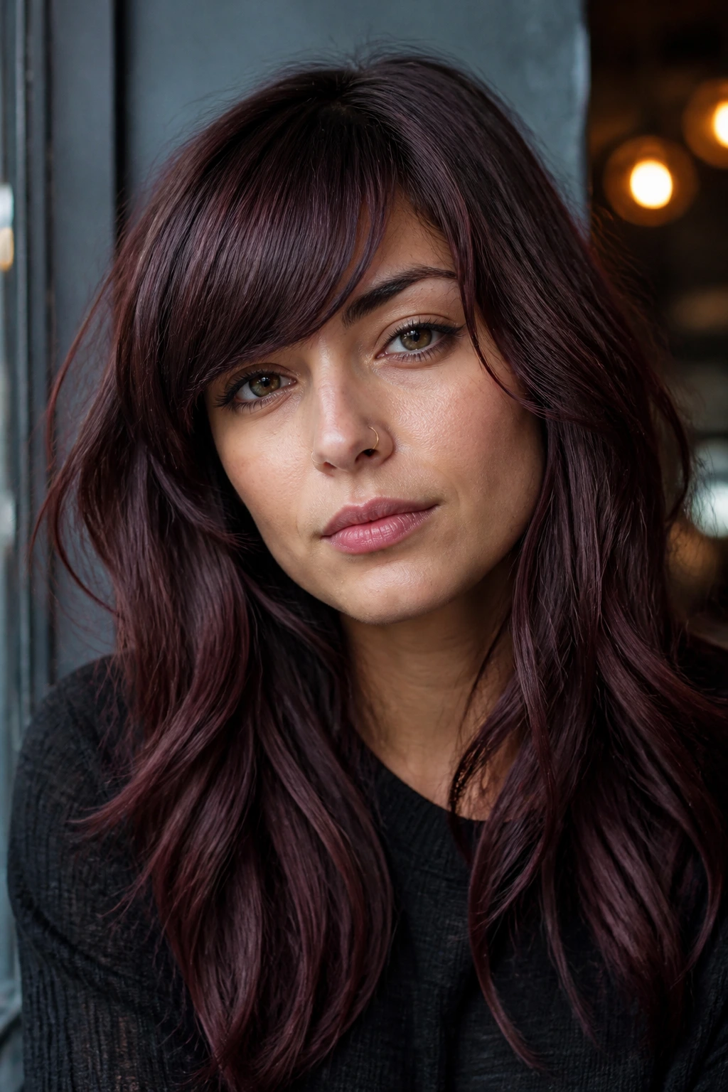 Close-up portrait of a real woman with plum brunette hair and side-swept bangs