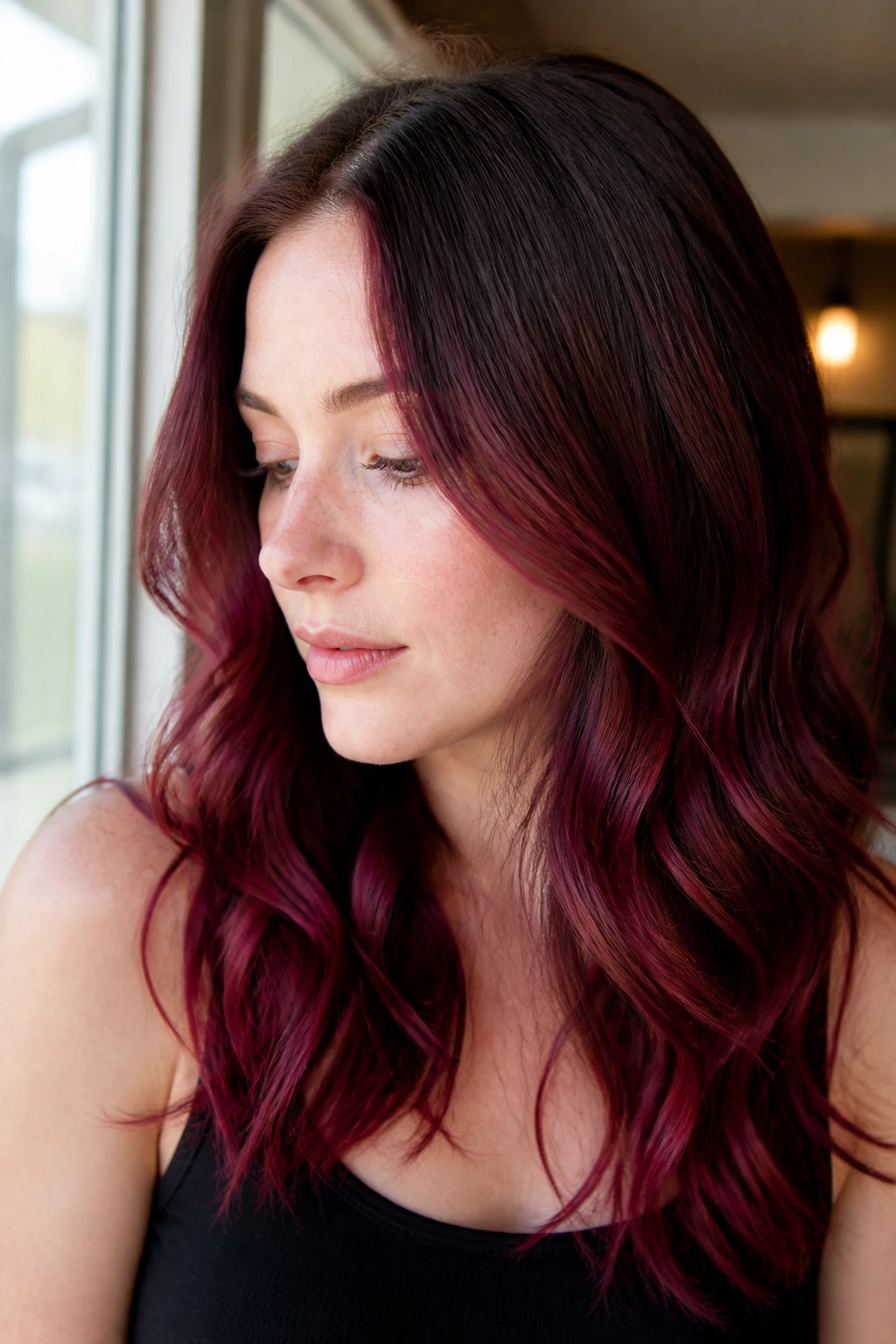 Close-up of plum-burgundy balayage on loose waves in soft daylight