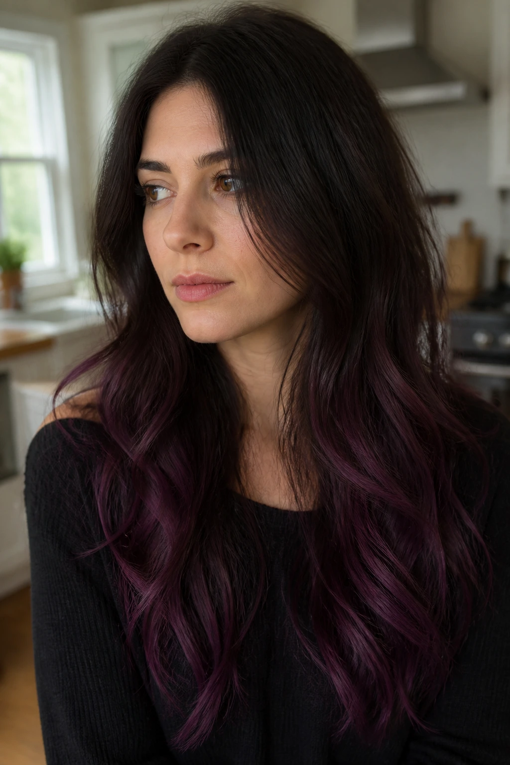 Real person with deep plum ends ombre hair