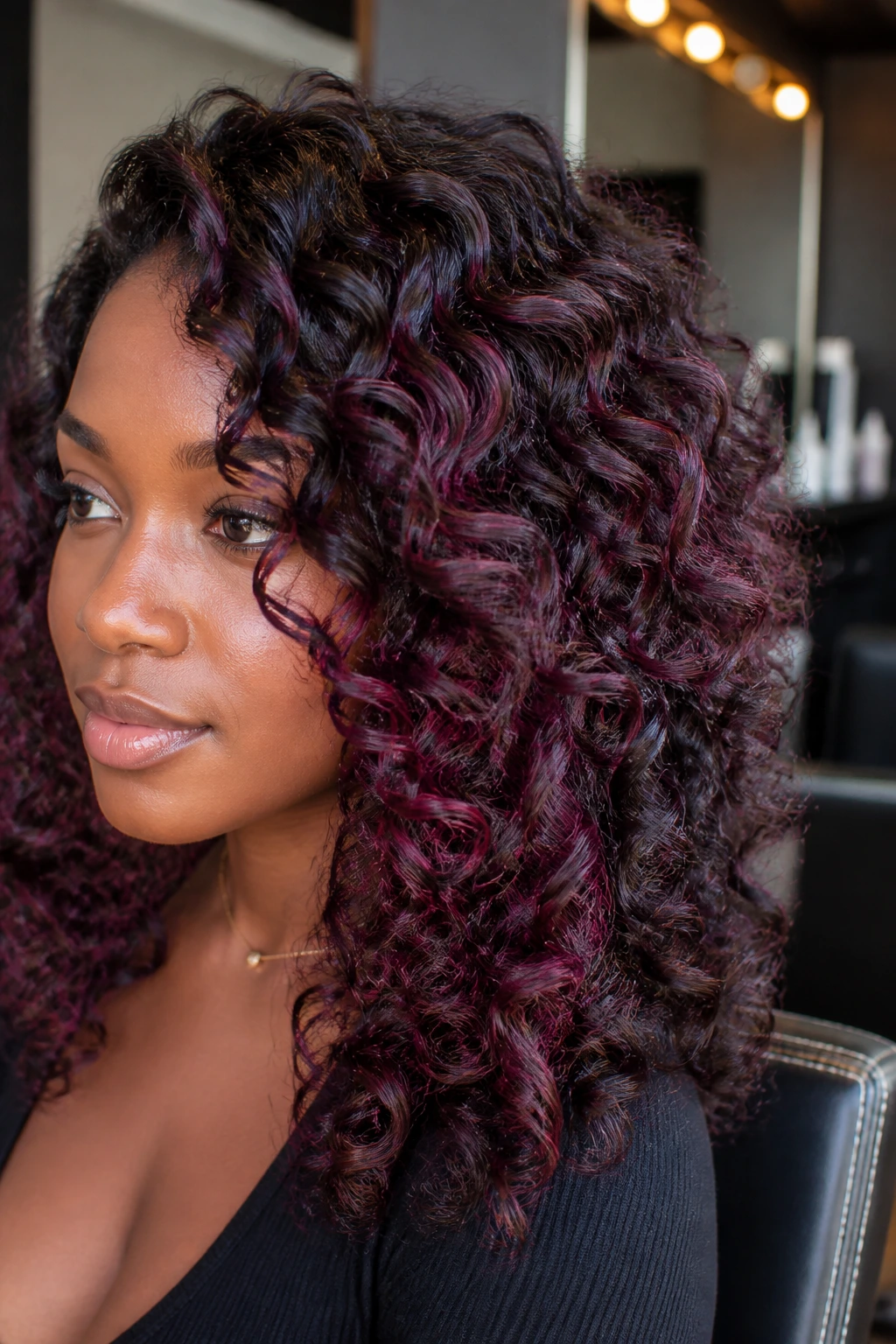 Close-up of a real person with curly hair featuring plum silk highlights and cool tones.