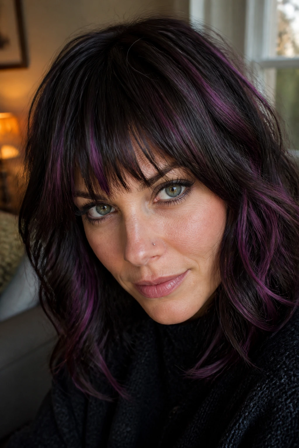 Close-up of a woman with plum ribbon highlights and jagged bangs