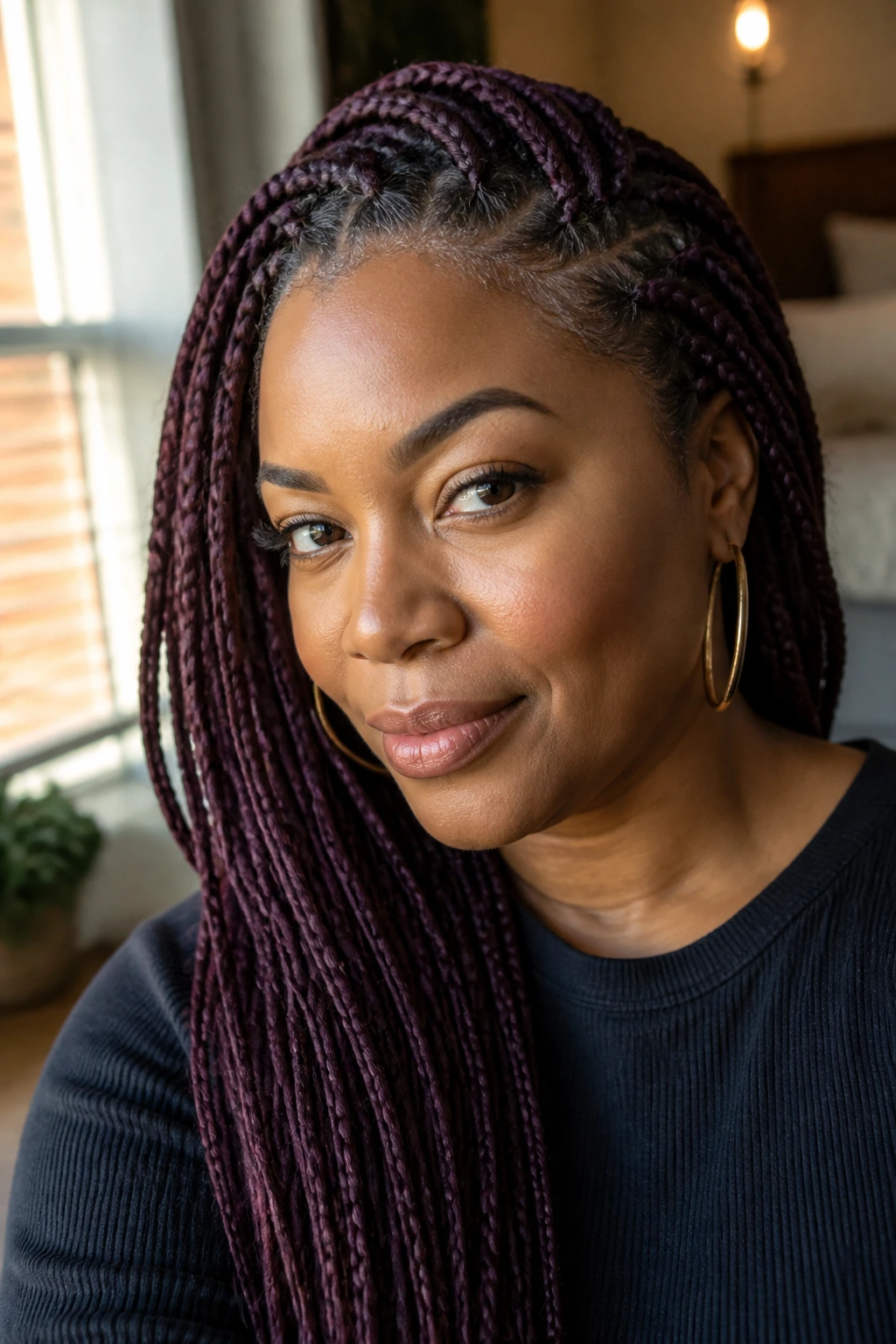 Close-up portrait of a real woman with plum knotless braids blending grey at the hairline