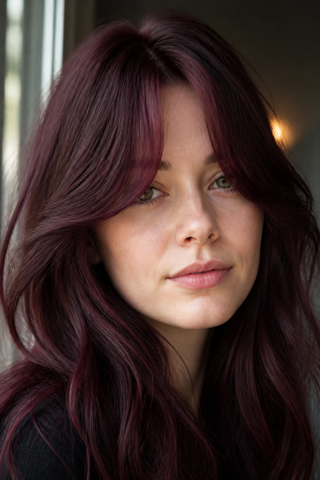 Portrait of a real woman with plum-mahogany curtain bangs.