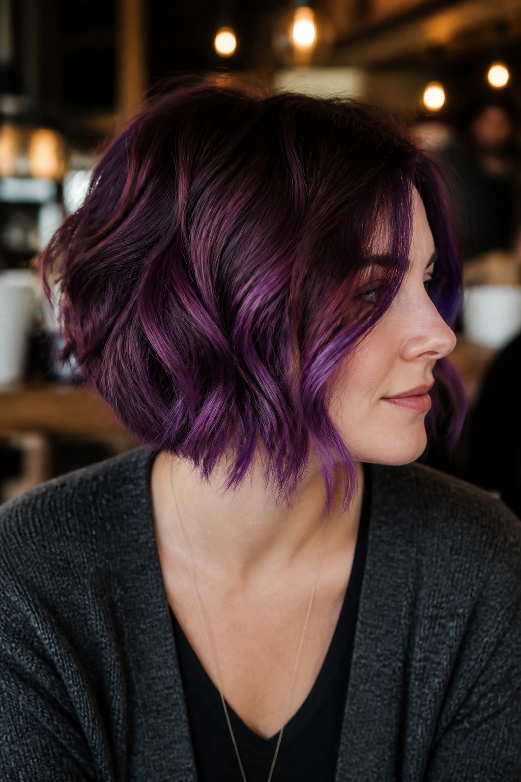 Real woman with plum violet textured bob in a cozy cafe setting