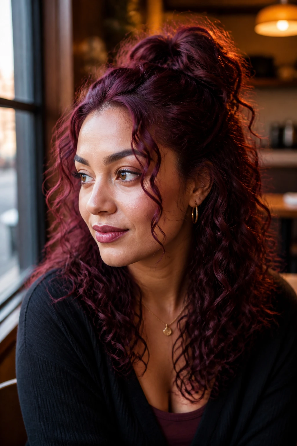 Close-up of plum-red half-up half-down curls on a real woman, top lifted.