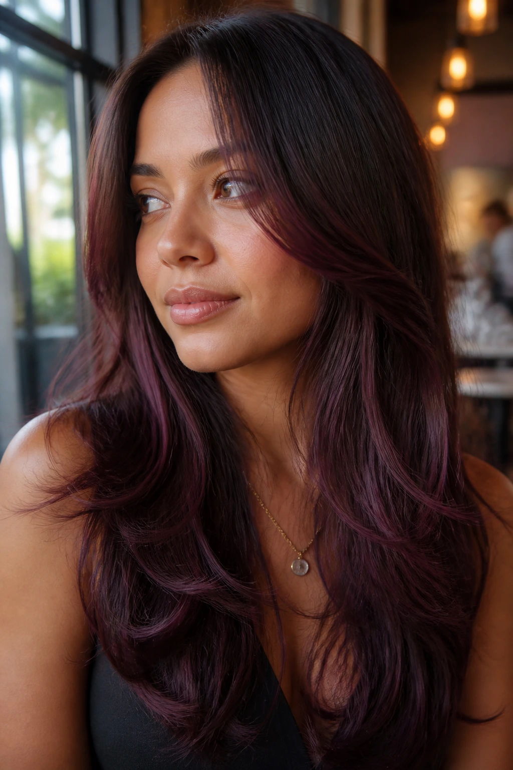 Close-up of a real woman with plum-tinted long layers in a sunlit cafe.