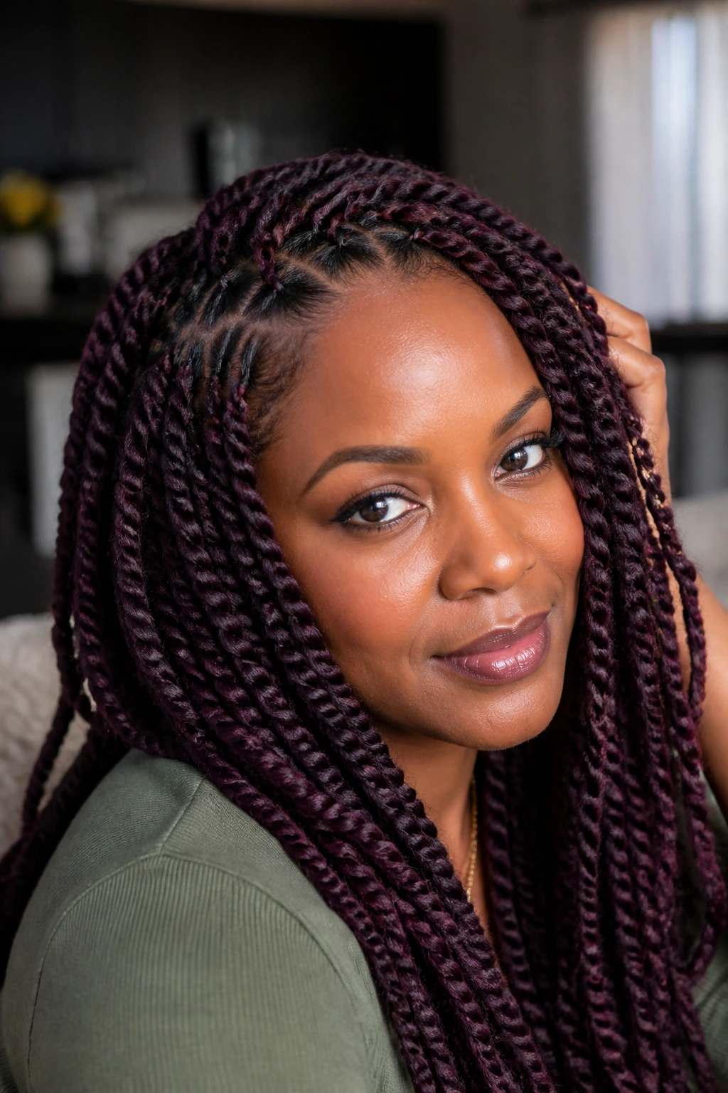 Close-up portrait of a real person with deep plum passion twists against deep skin.