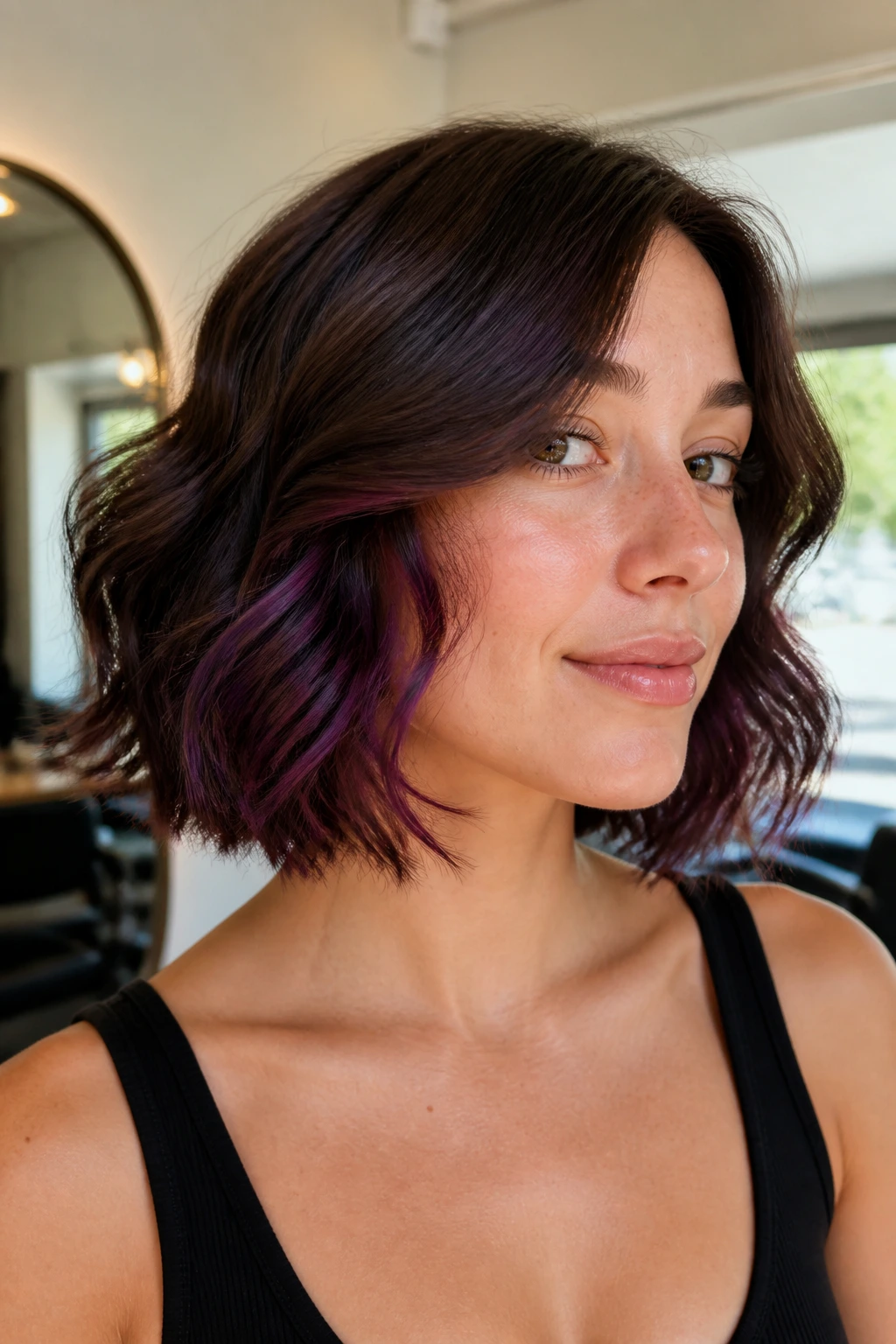 Portrait of a real woman with plum underlayer showing through a wavy bob