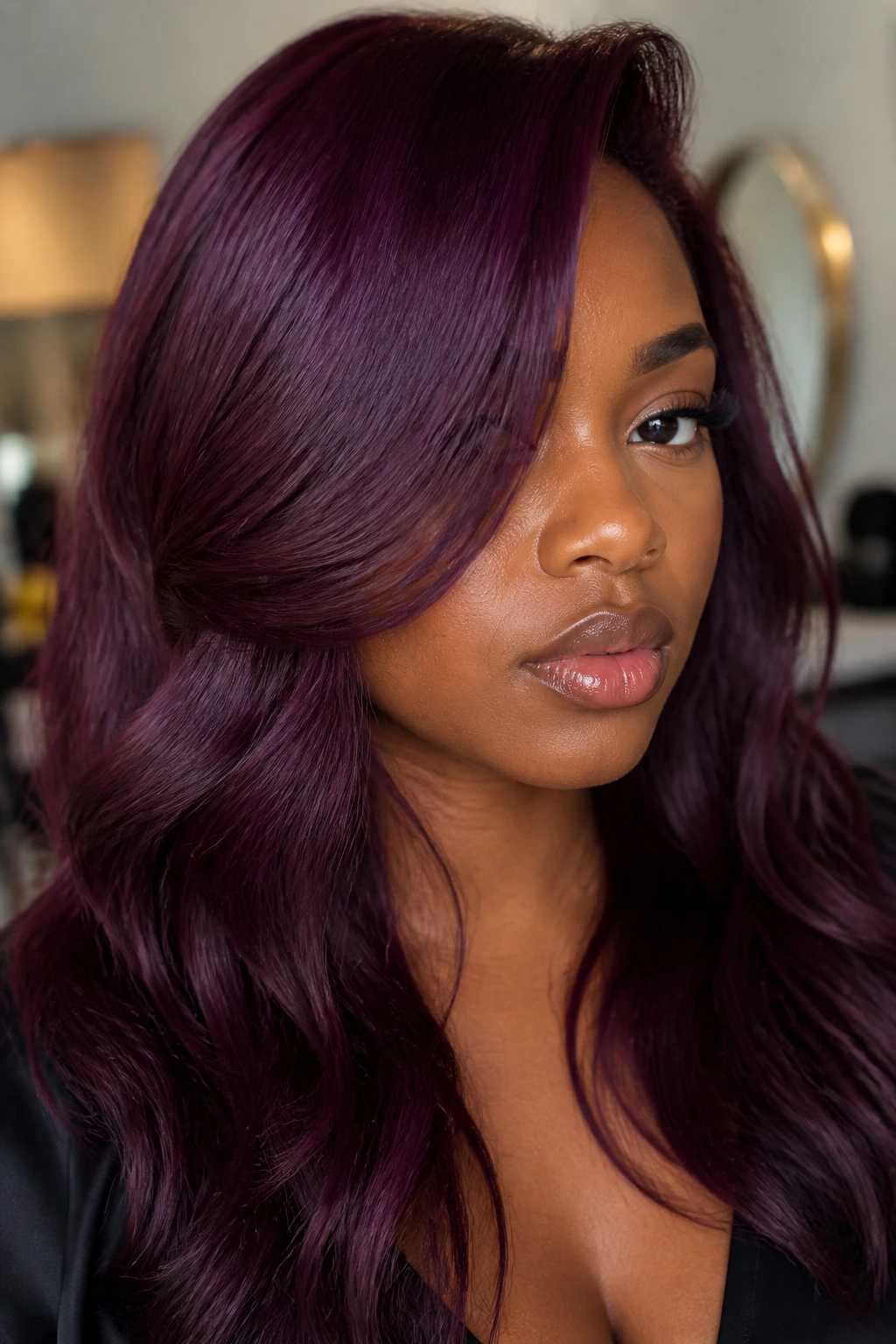 Close-up portrait of real person with plum velvet hair in deep saturated shade