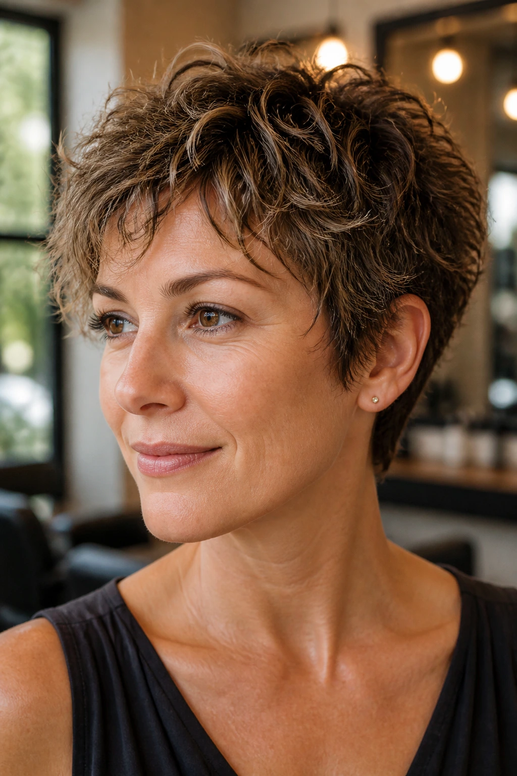 Close-up portrait of a real woman with a point-cut crop and soft edges