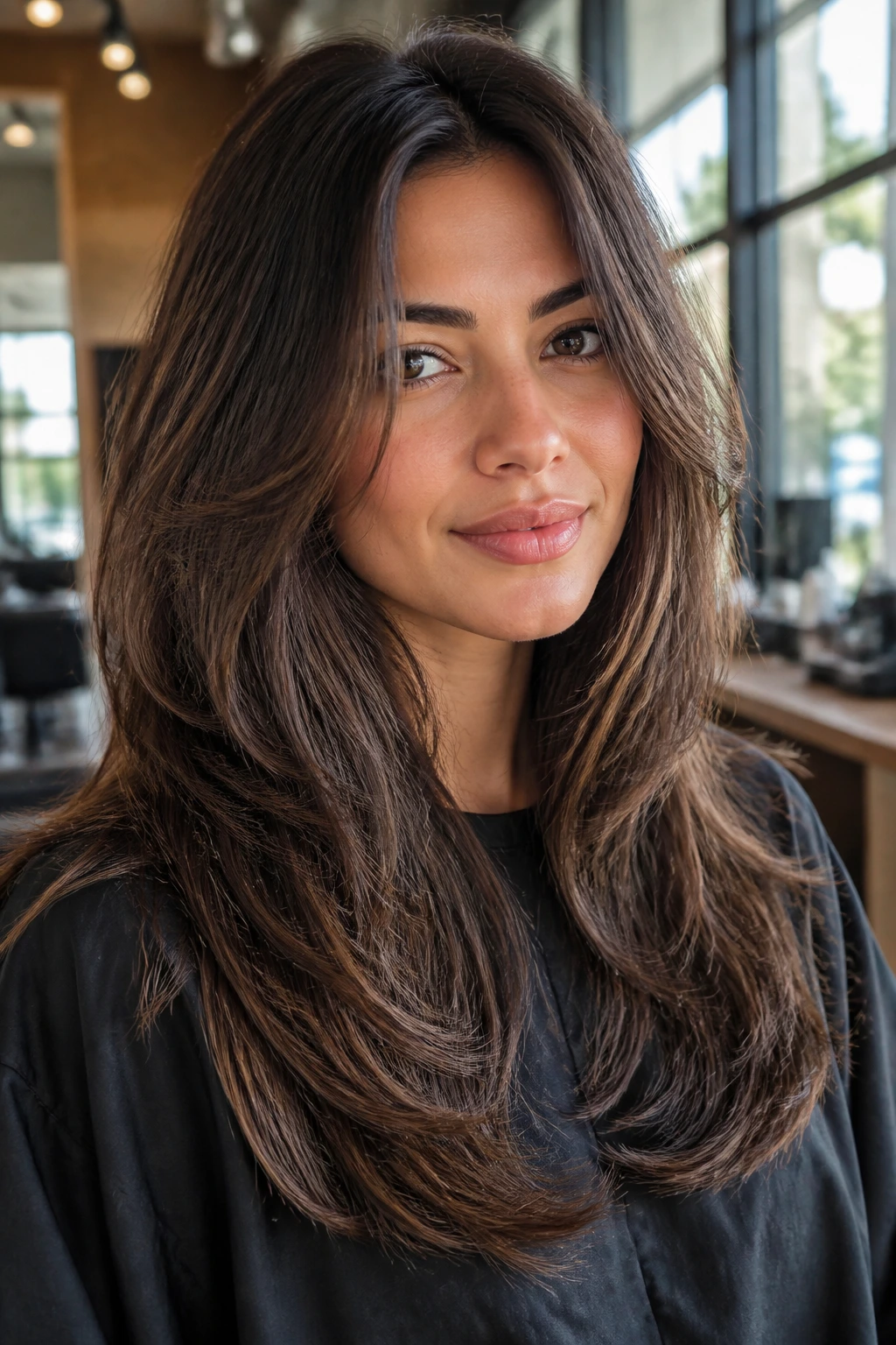 Close-up of a real woman with point-cut layered ends on thick hair in a warm salon