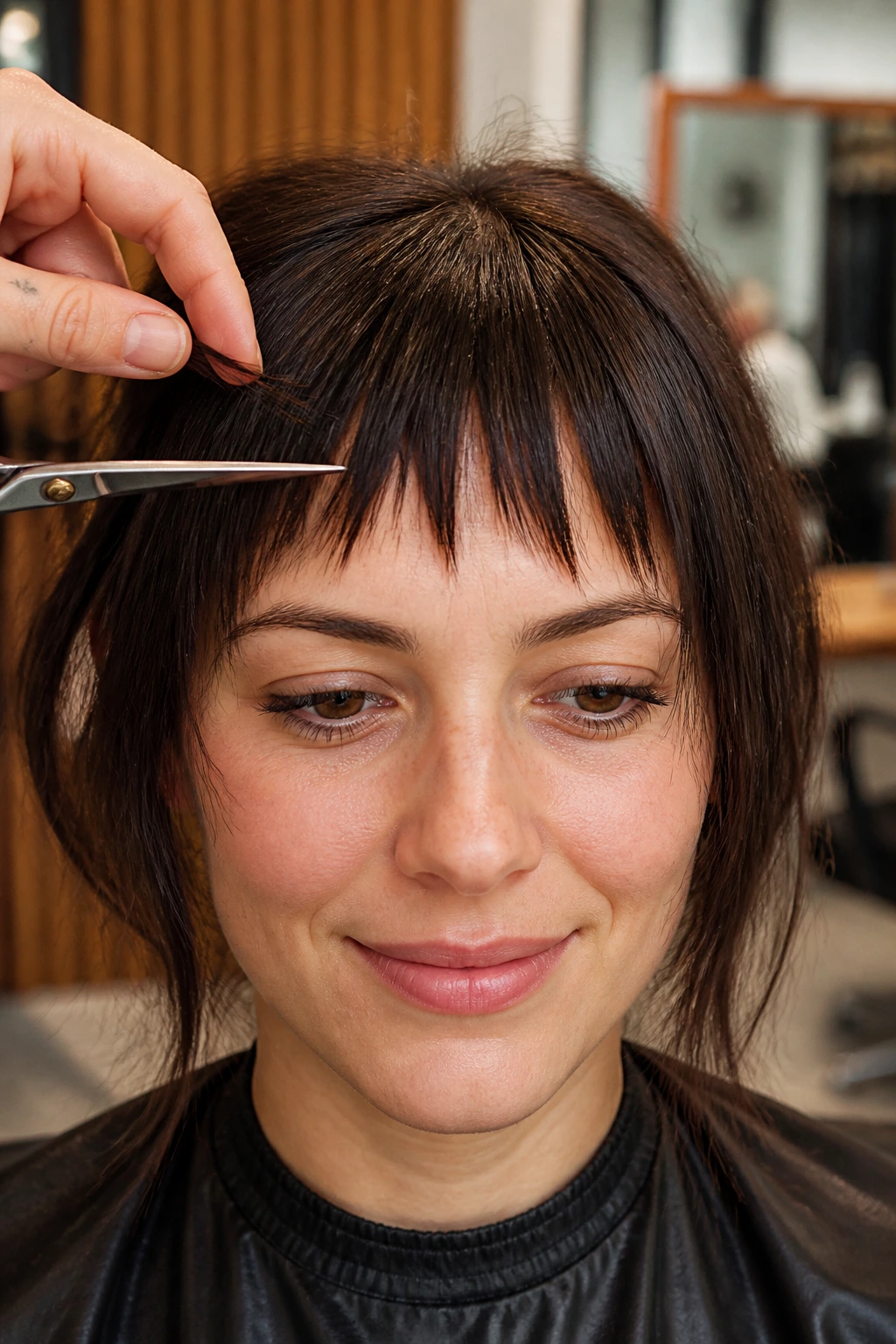 Close-up of fringe edge showing irregular, light-weight, point-cut texture on a real person