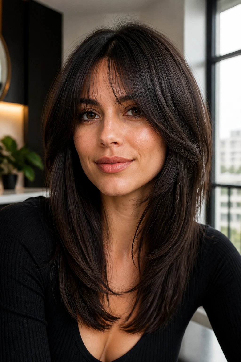 Close-up portrait of a real woman with polished angled layers and bottleneck fringe in window light.