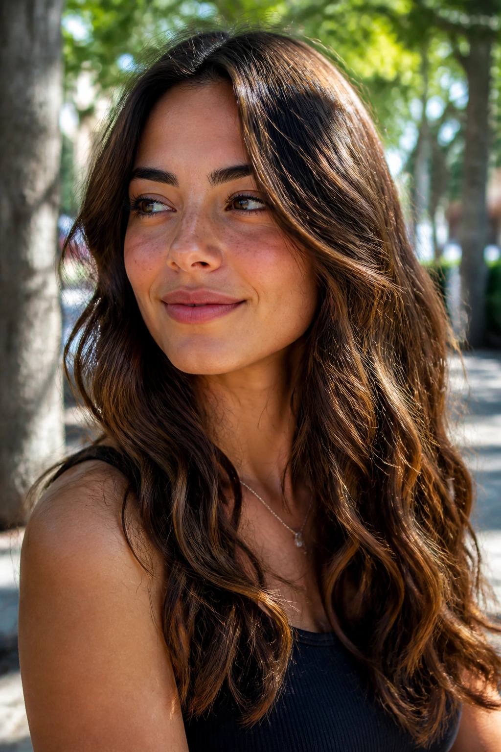 Brunette with polished glossy beachy waves under sun