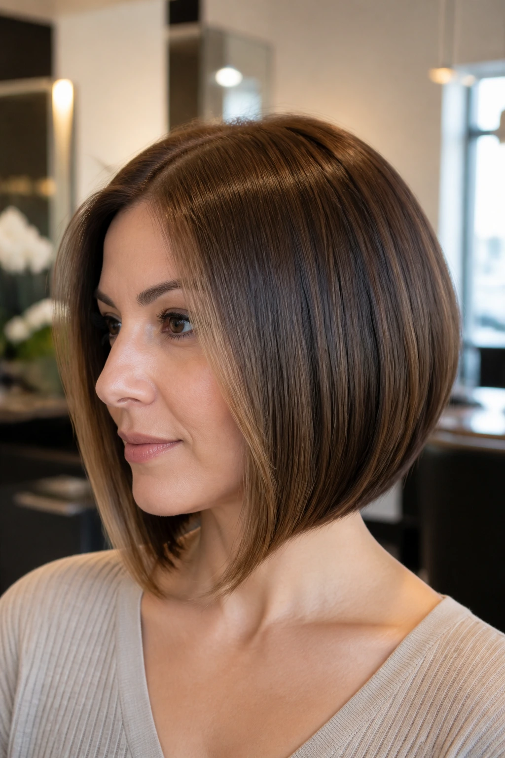 Portrait of a real woman with a polished blowout A-line bob