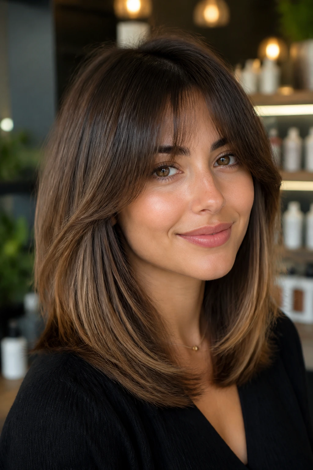 Close-up of a real woman with arched bangs and shoulder-length polished blowout hair in a salon