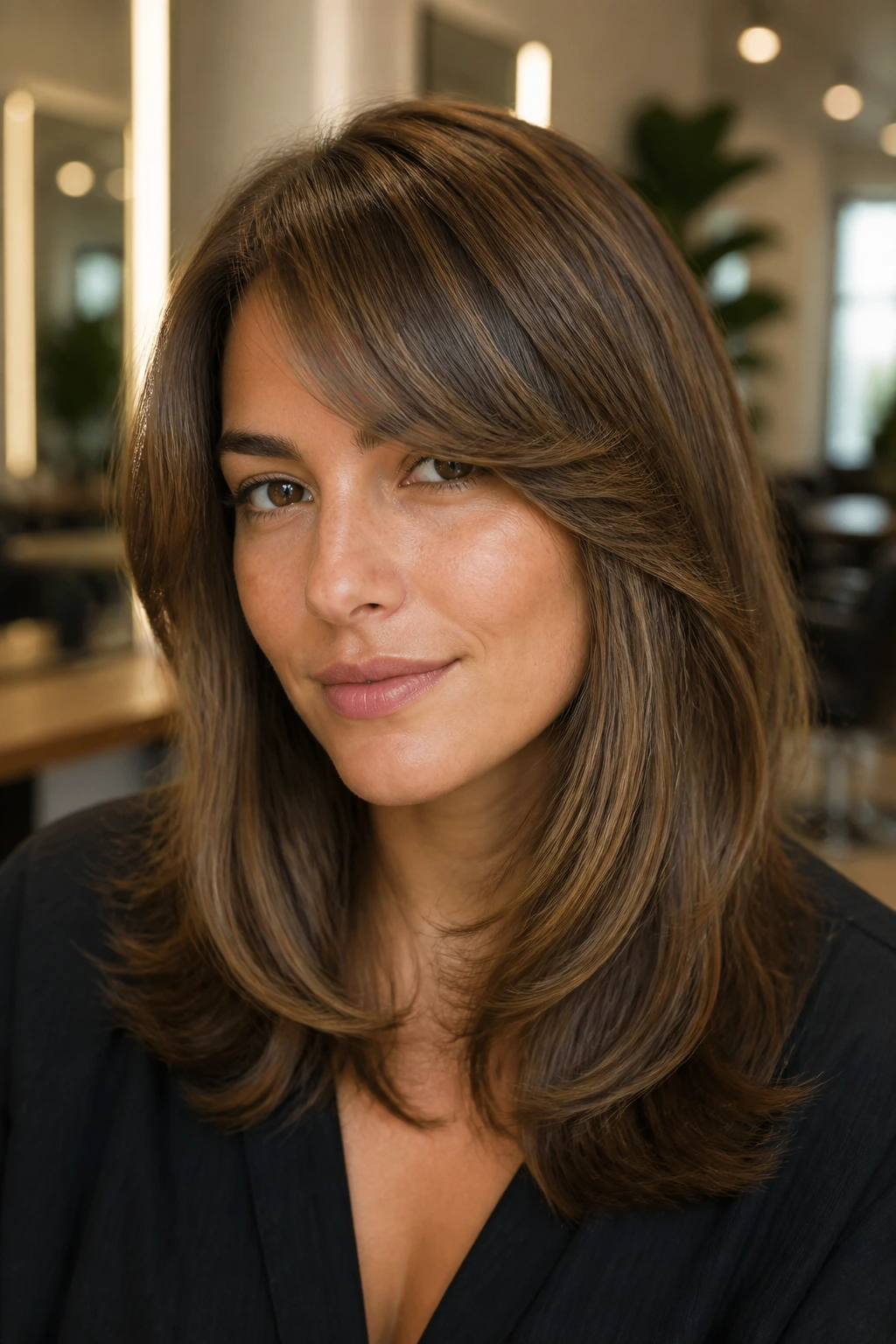 Portrait of a woman with a polished blowout and side-swept bangs