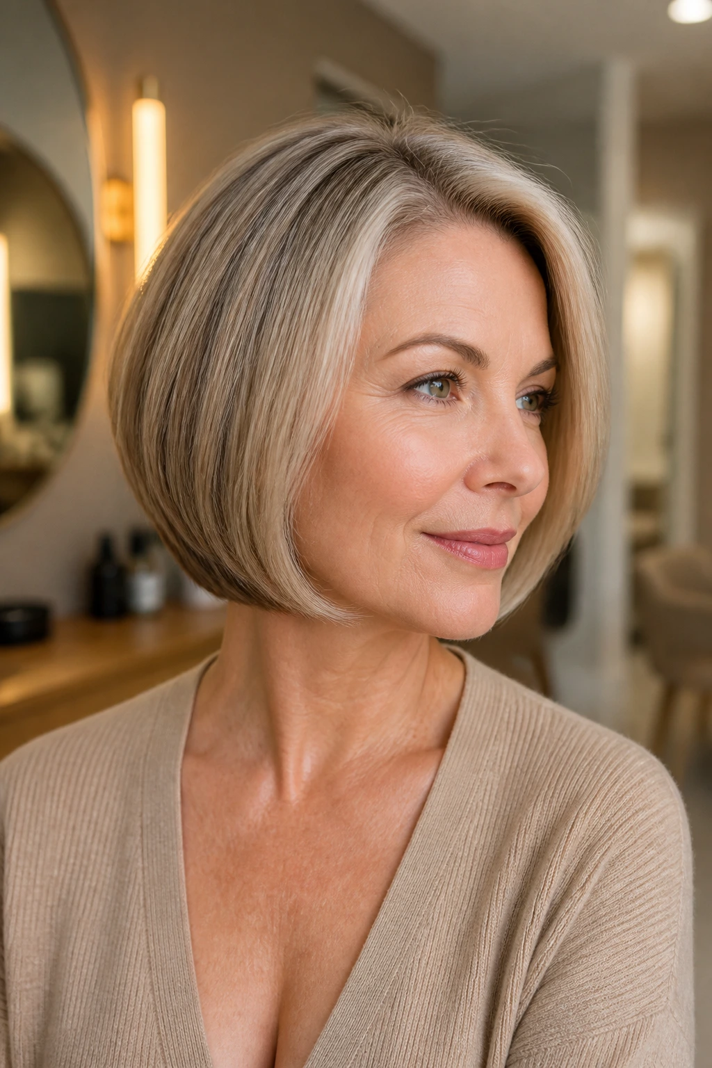 Close-up portrait of a real woman with a polished blowout bob.