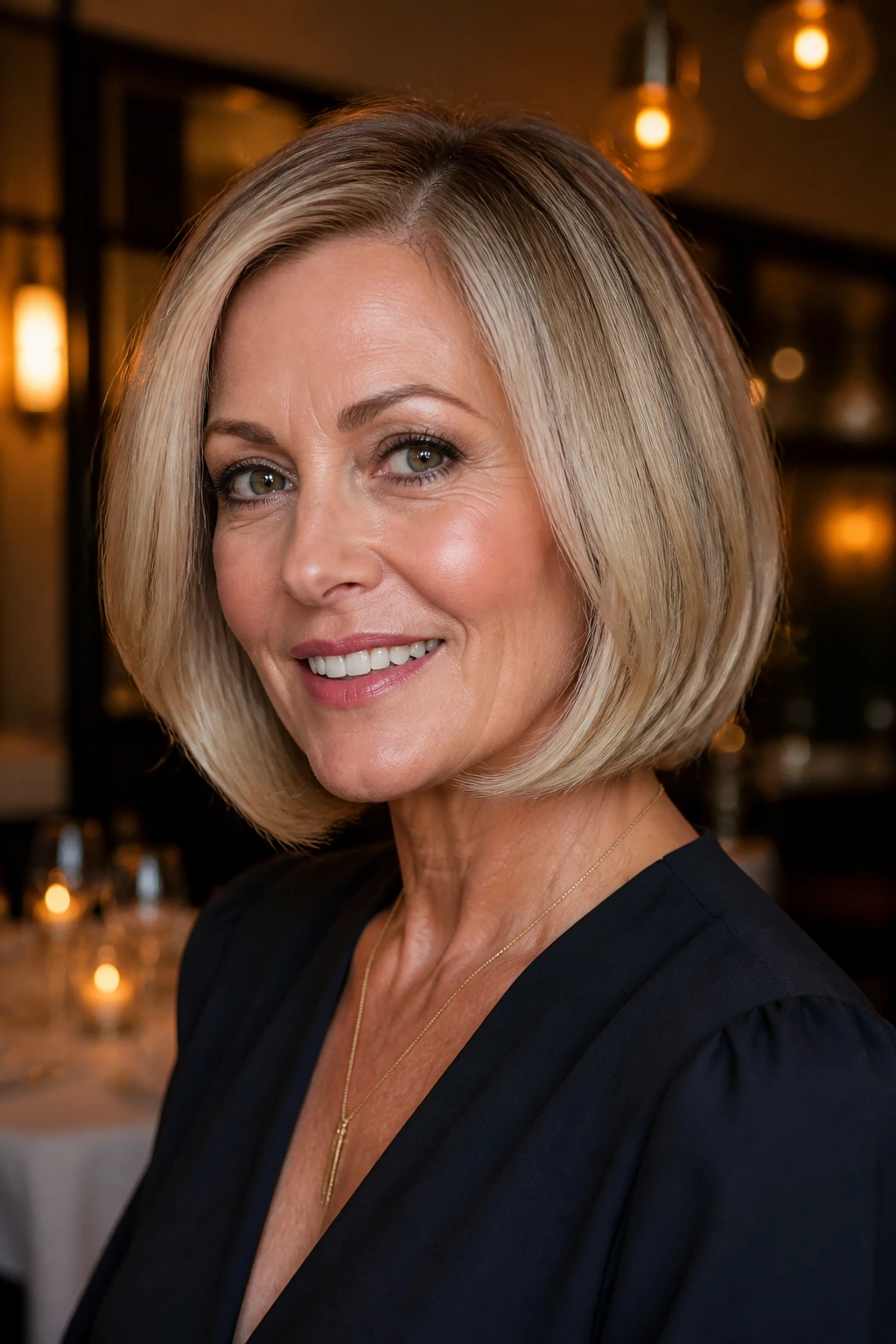 Real woman with polished blowout bob in warm restaurant light