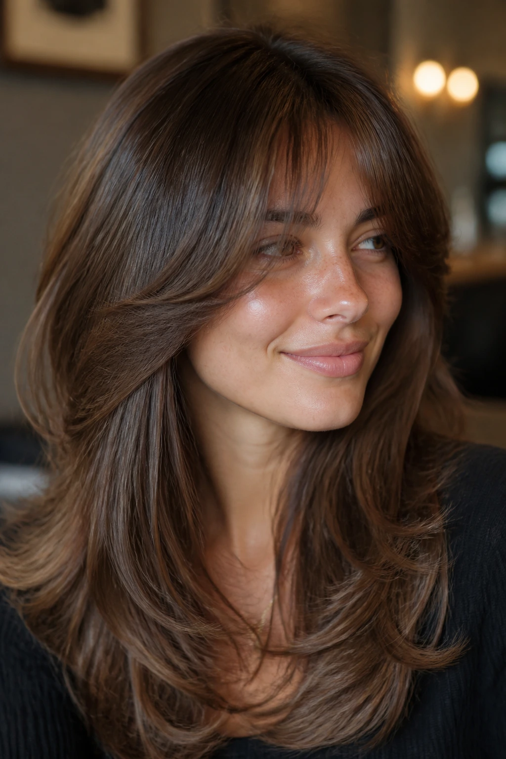 Close-up of a real woman with polished blowout layers and feathered bangs