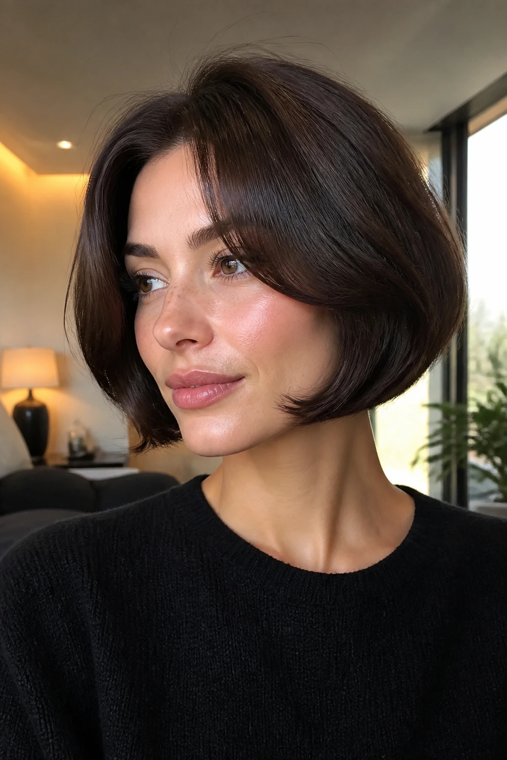 Close-up of real woman with polished blowout French bob, glossy shine and lifted crown.