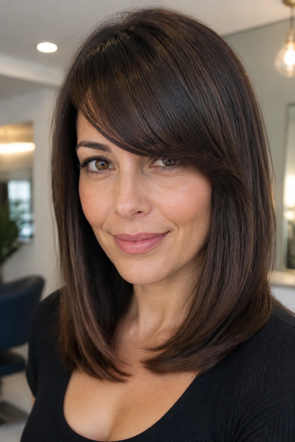 Portrait of a woman with a polished diagonal fringe and rounded end