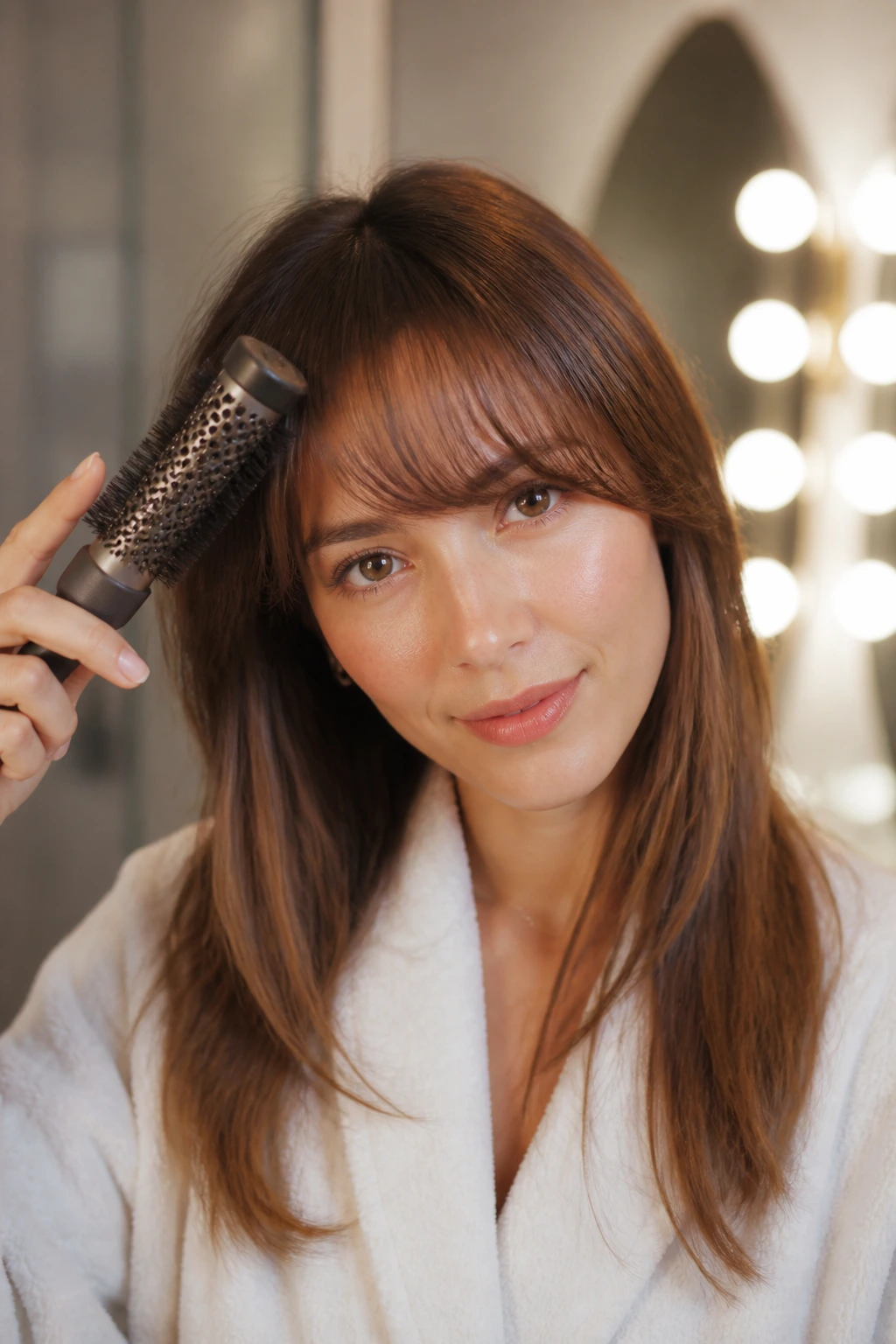 Close-up of a real woman with polished blowout fringe sitting smoothly