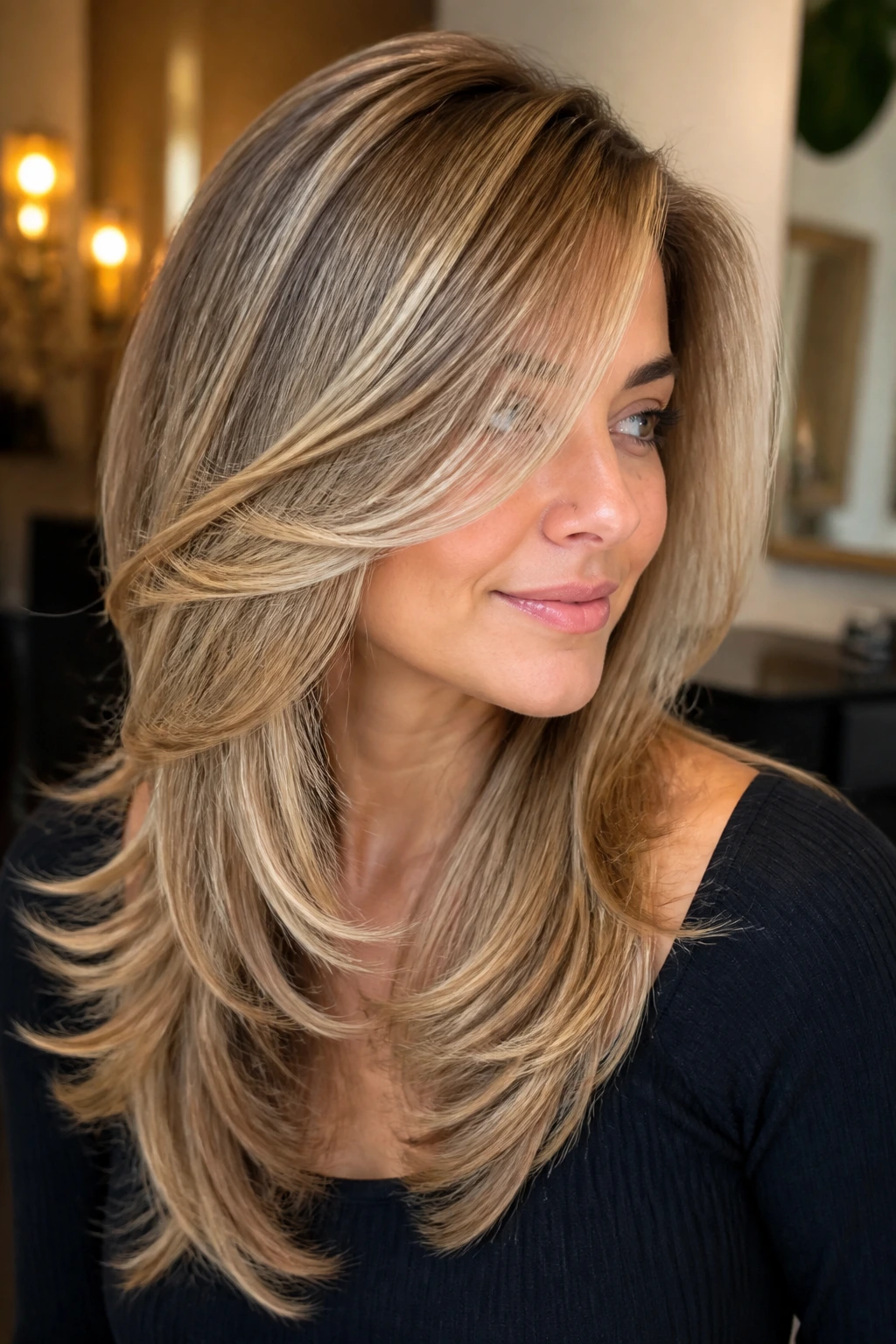 Portrait of a real person with polished blowout layers and glossy highlights.
