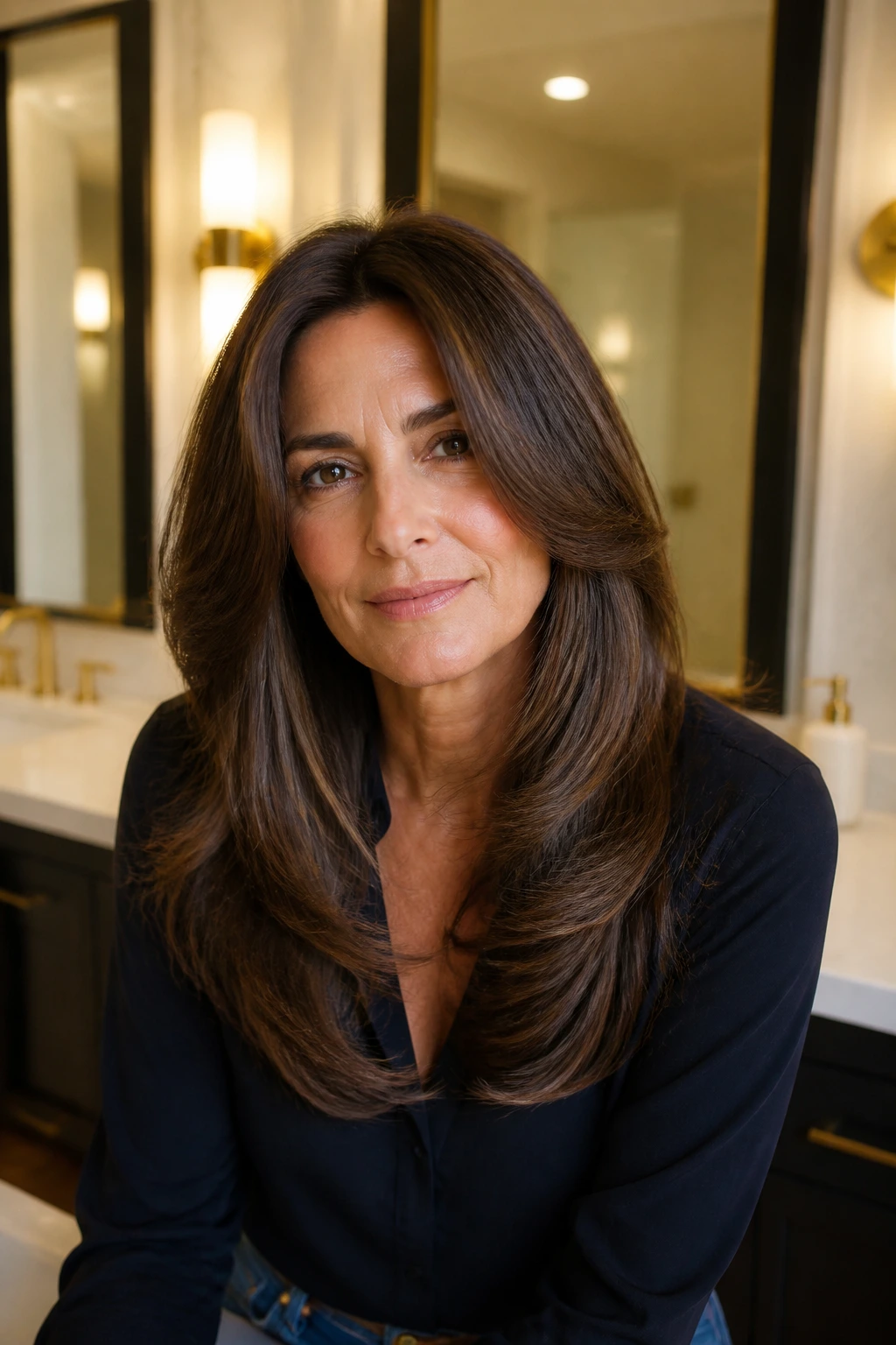 Portrait of real woman with polished blowout and smooth layered ends