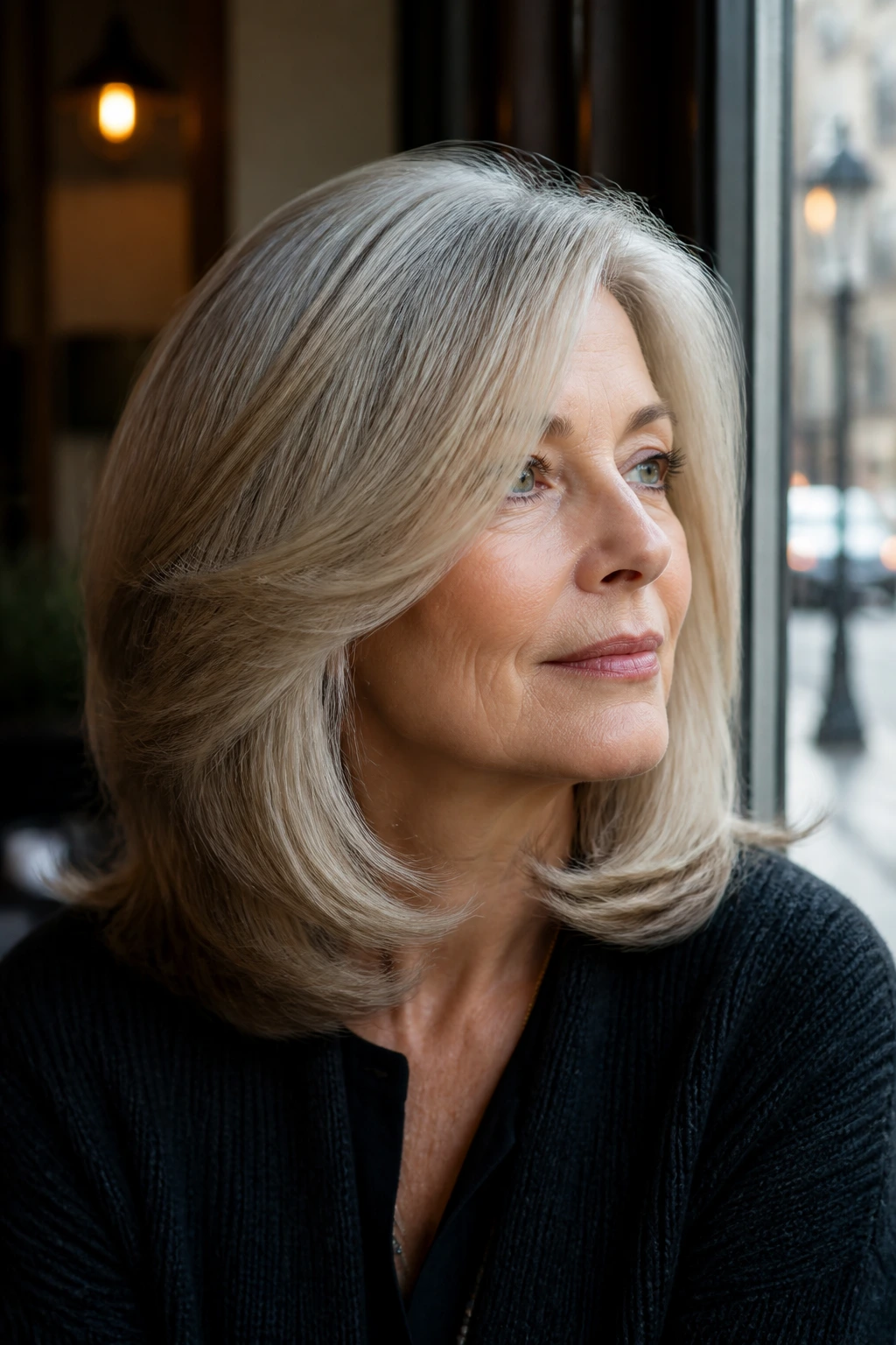 Close-up portrait of a real woman with polished blowout layers and glossy shoulder-length hair
