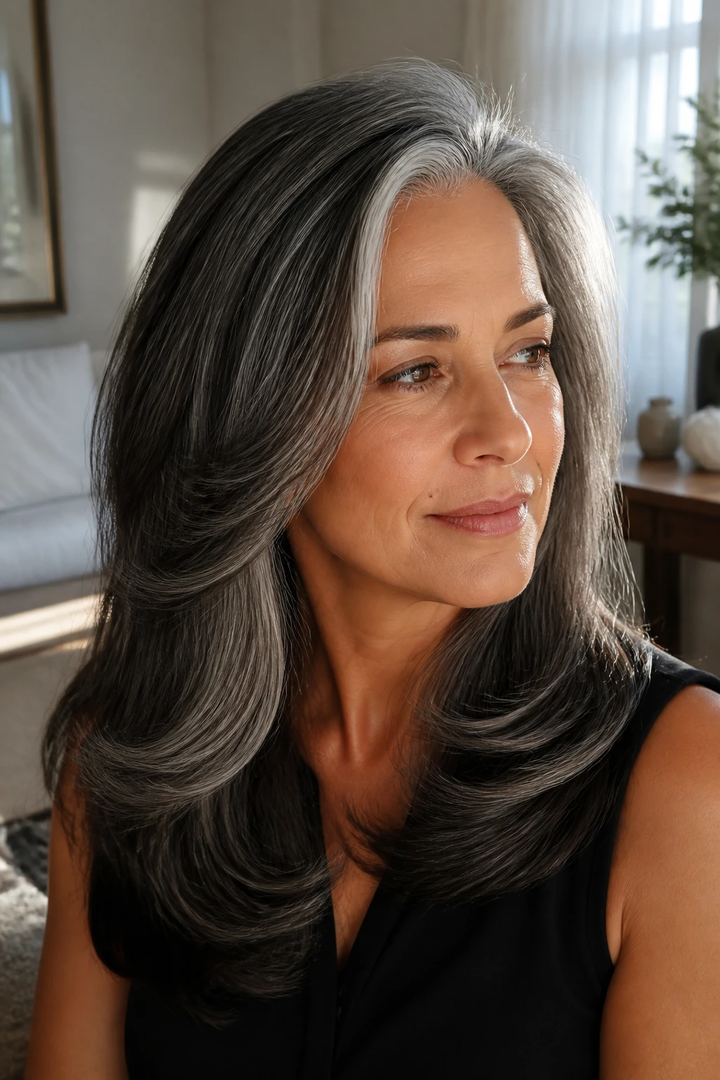 Head-and-shoulders portrait of a real person with polished blowout layers under natural light