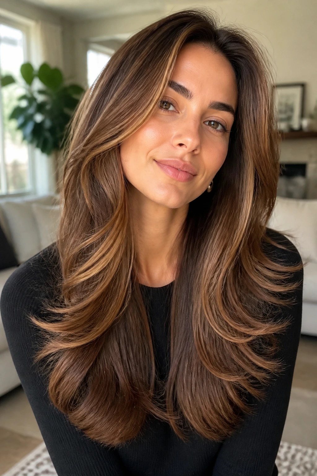 Portrait of a real person with polished blowout layers for everyday wear