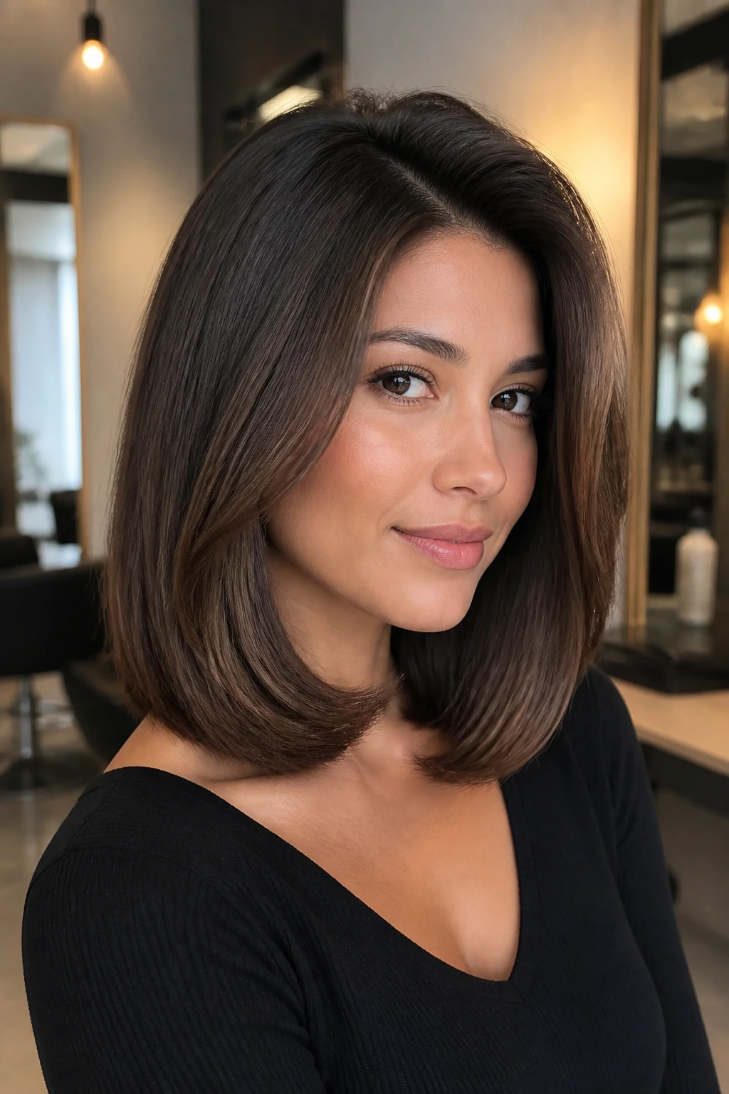 Close-up of a real woman with a polished blowout lob under-curled ends