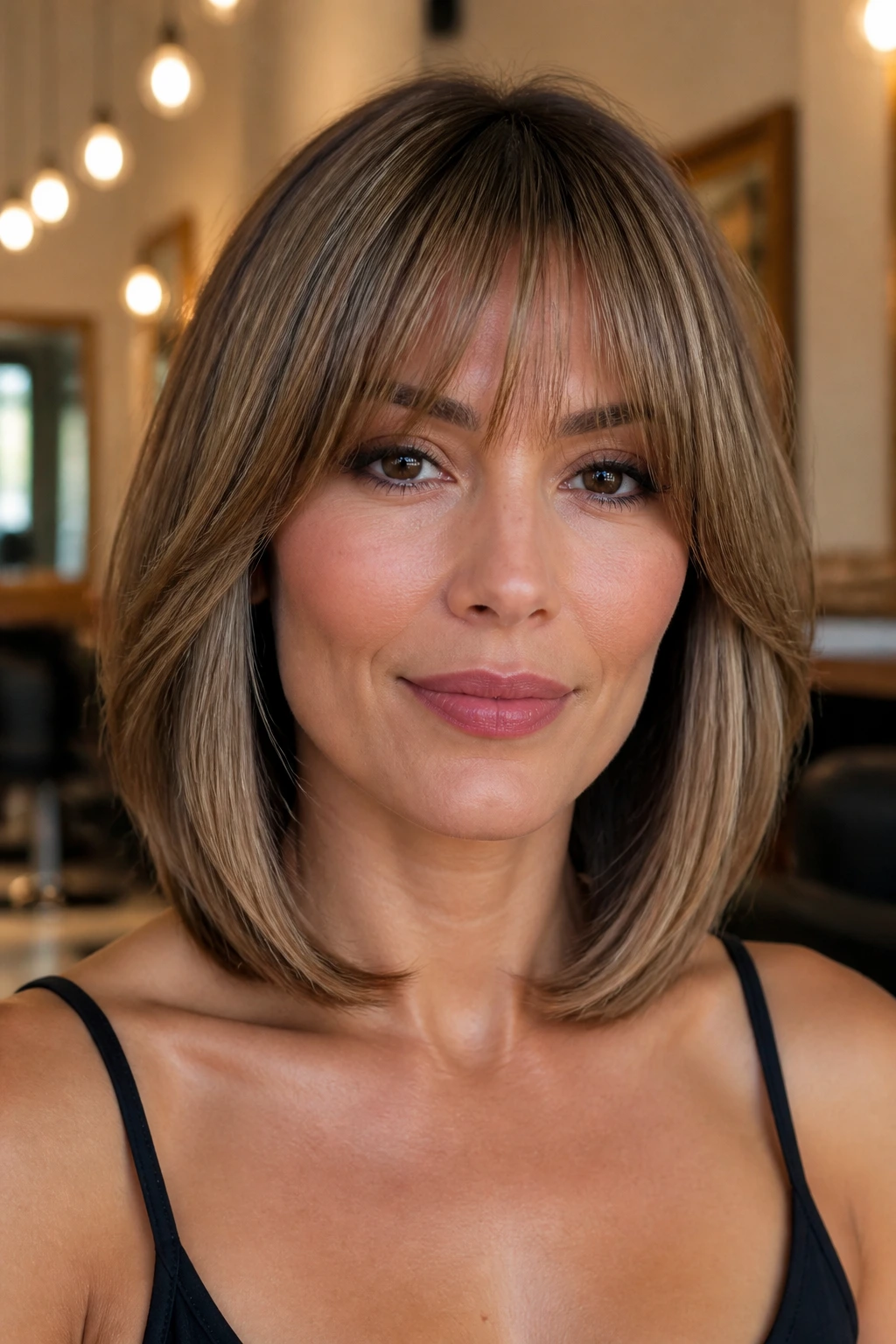 Close-up portrait of a real woman with a polished blowout lob and rounded fringe