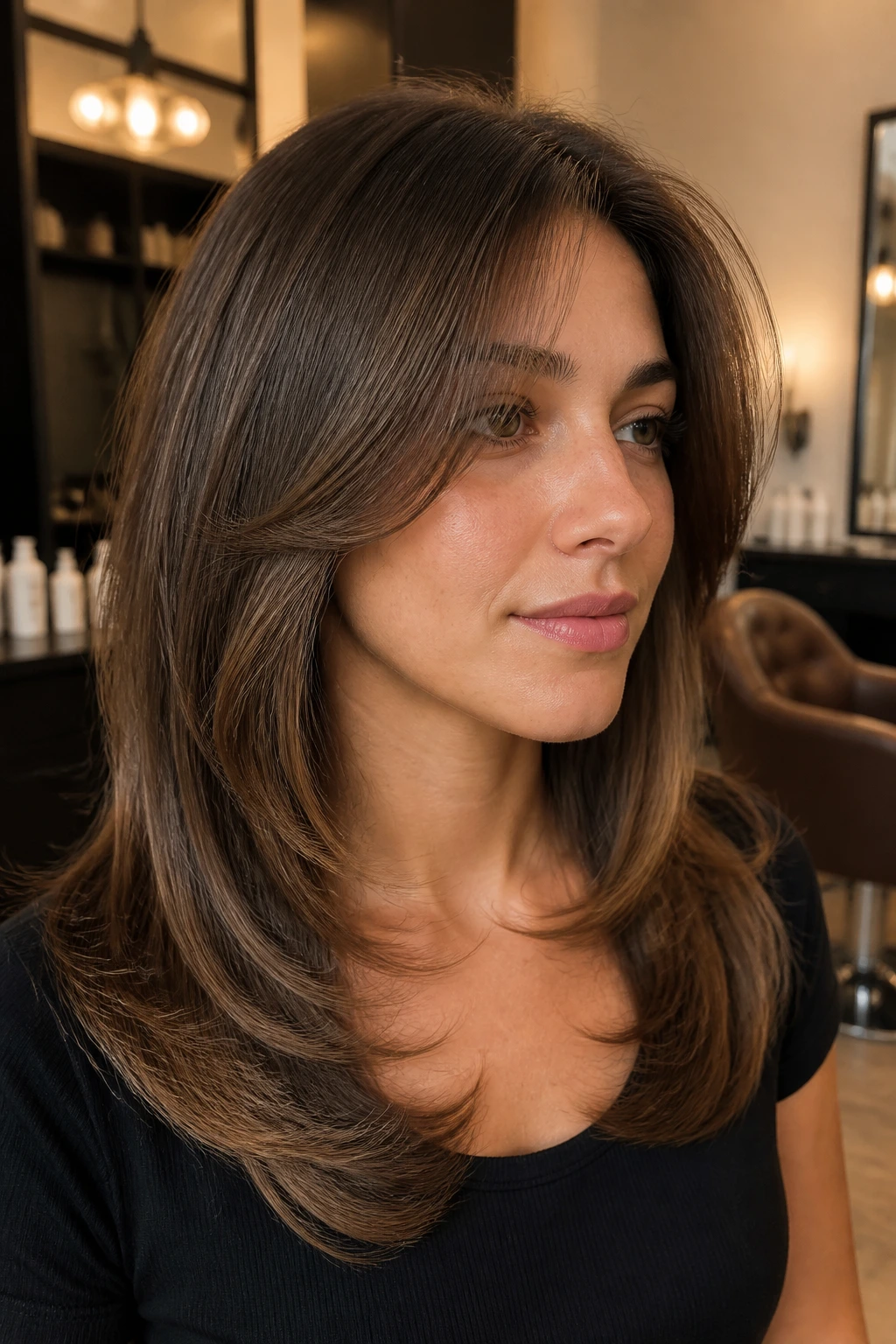 Close-up of real woman with polished mid-length blowout layers in warm salon light