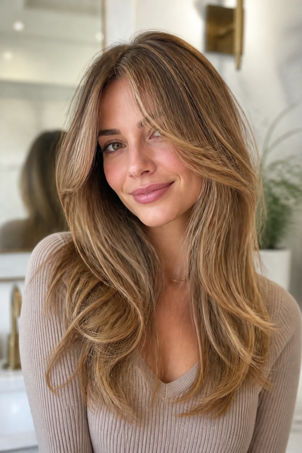 Portrait of woman with polished blowout layers and parted fringe