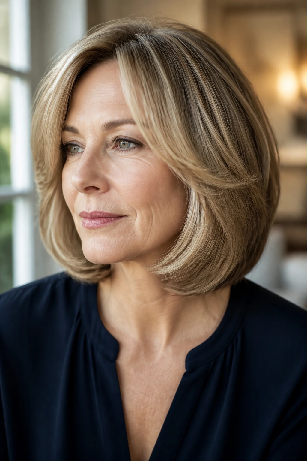 Close-up of a woman with polished blowout layers and rounded ends