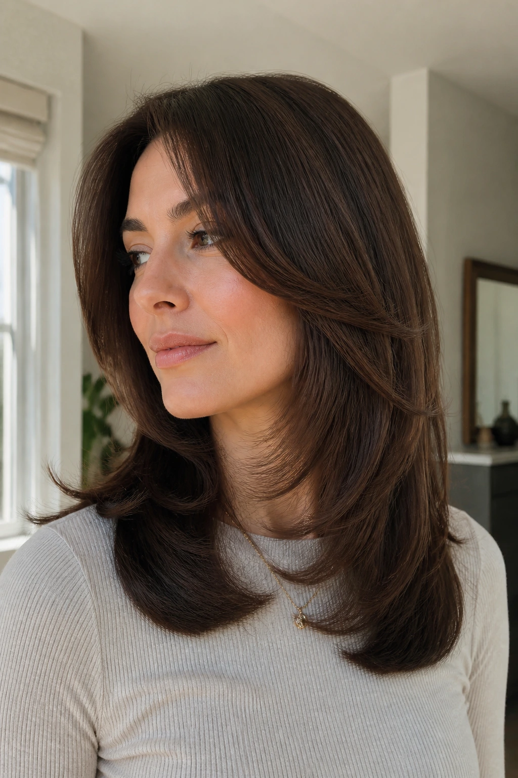 Medium close-up of a real woman with polished blowout shag in a bright modern home