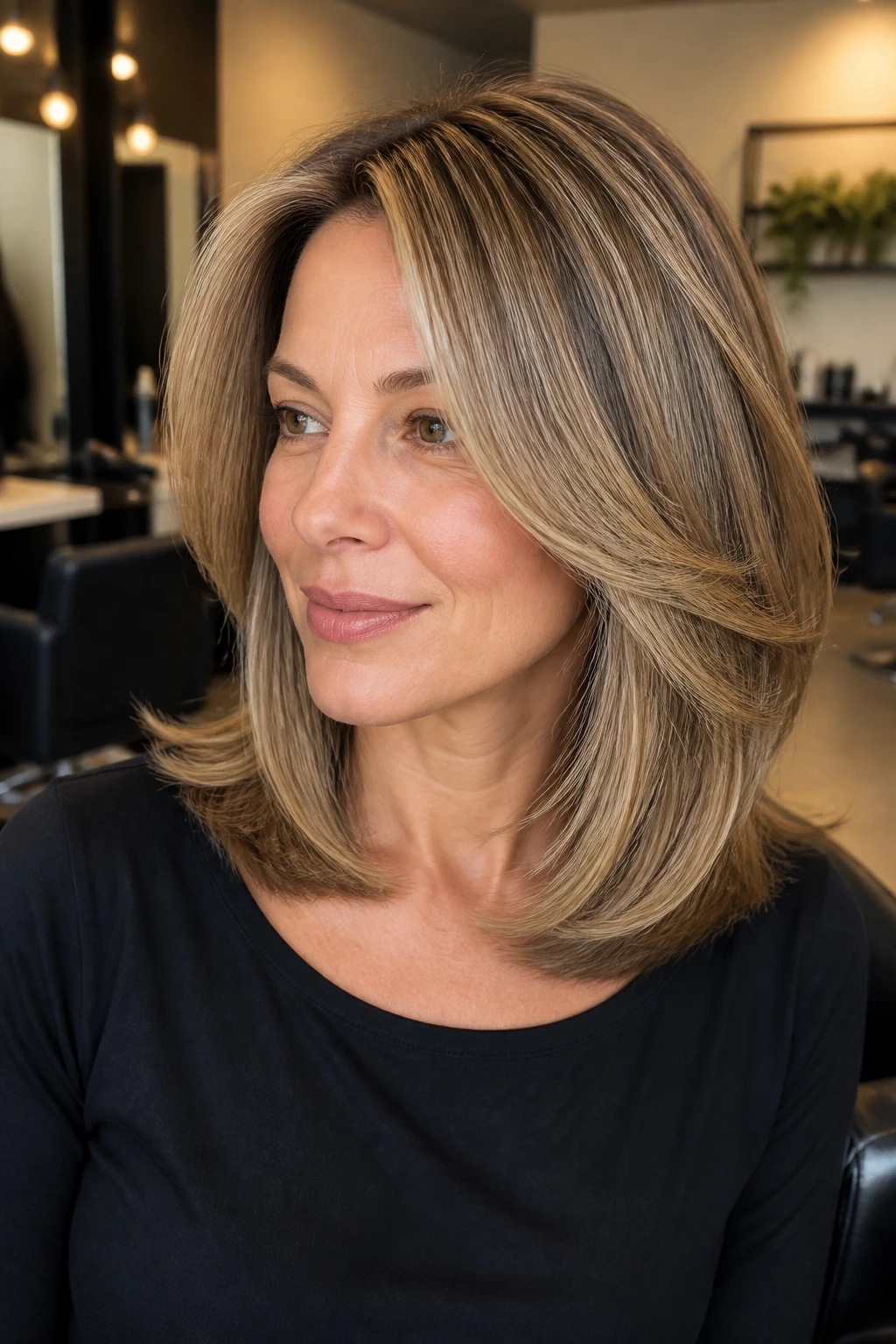 Real person with polished shoulder-length blowout in a softly lit salon