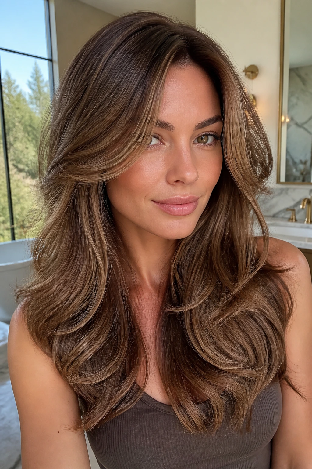 Close-up portrait of a real woman with polished blowout waves and bouncy layers.