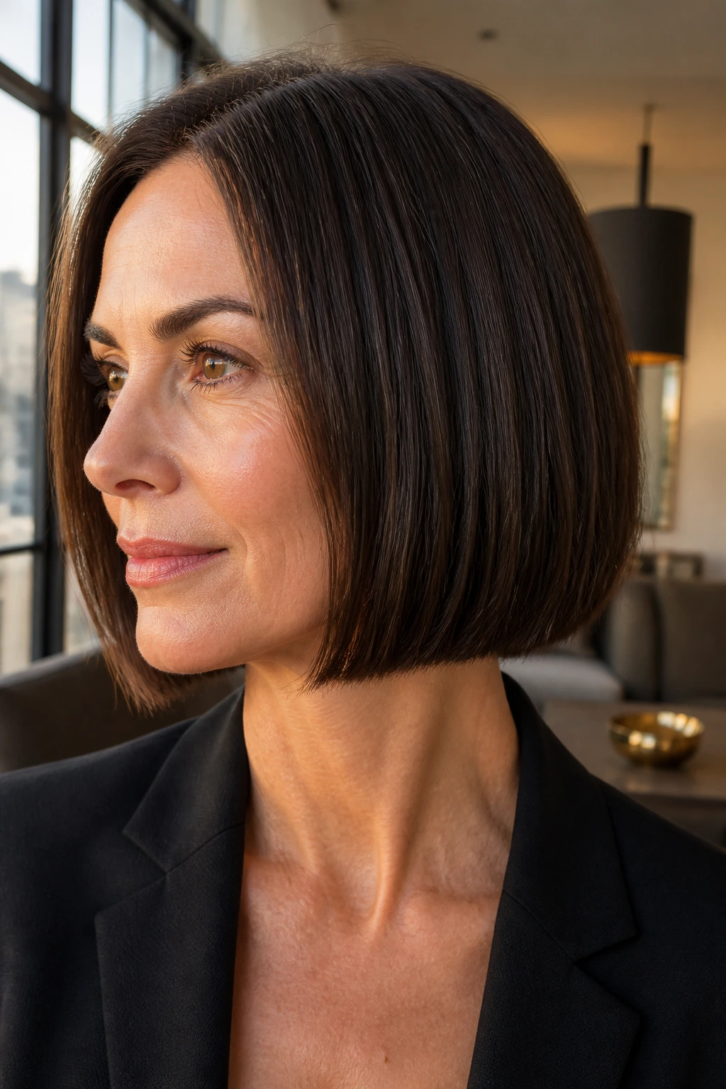 Portrait of a woman with a polished blunt neck bob