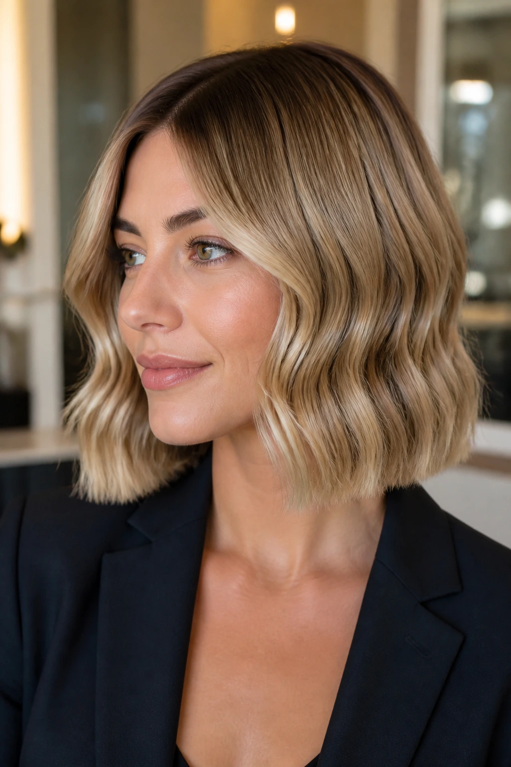 Close-up of a real woman with polished bob and half-bend waves