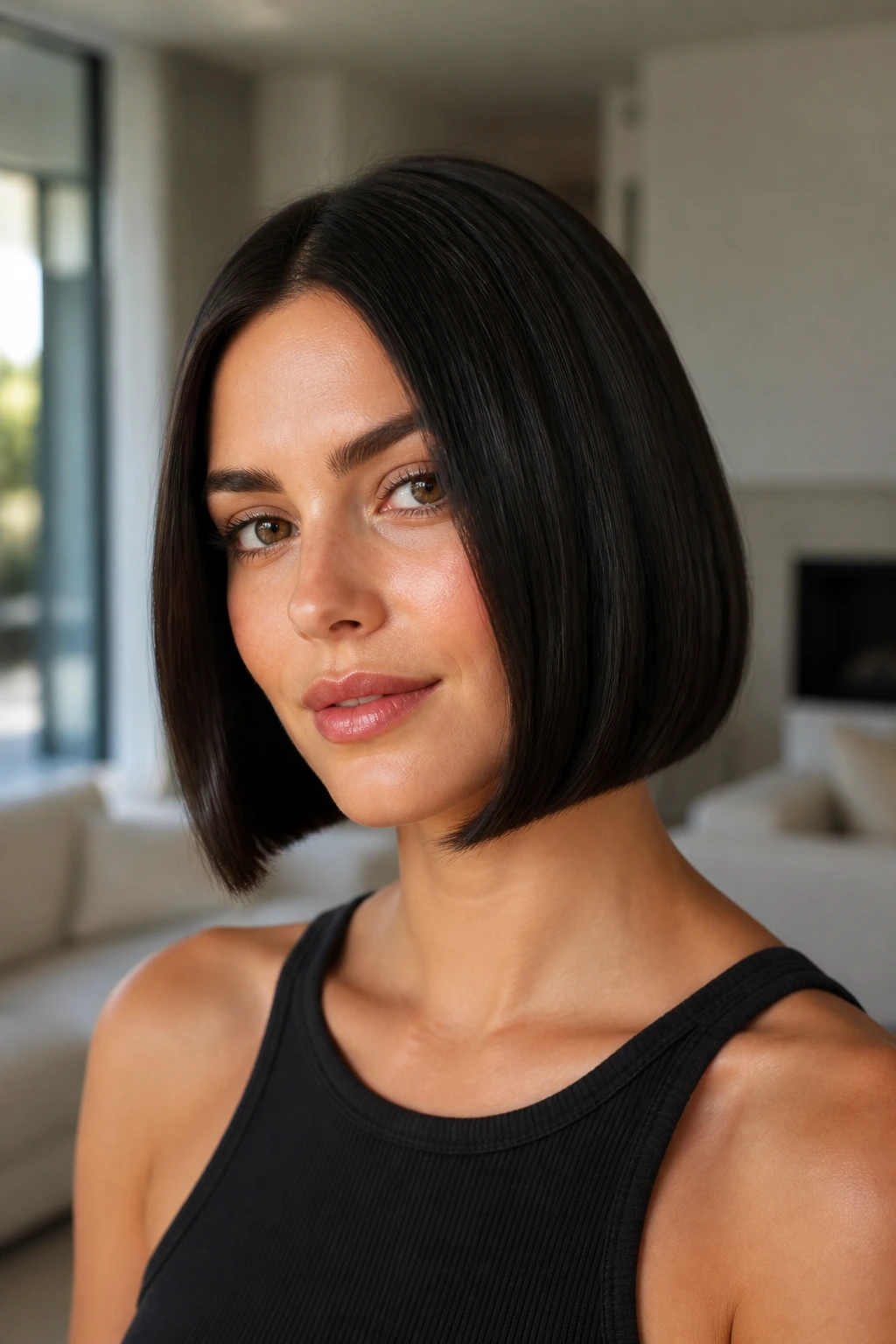 Close-up of a real woman with a polished bob showing a subtle bend at the ends in natural light