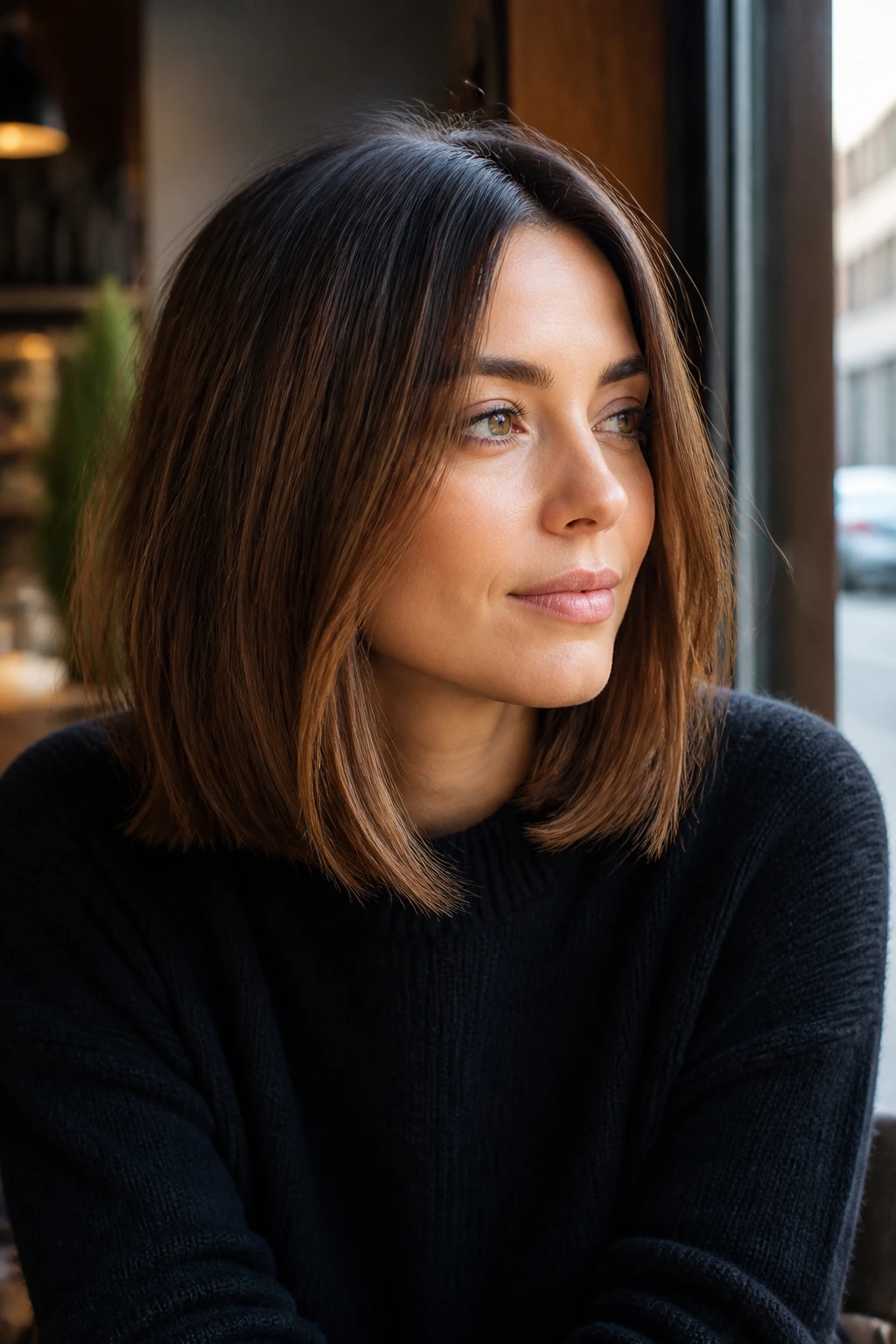 Portrait of a woman with a collarbone-length lob and blunt soft inward front corners in natural light