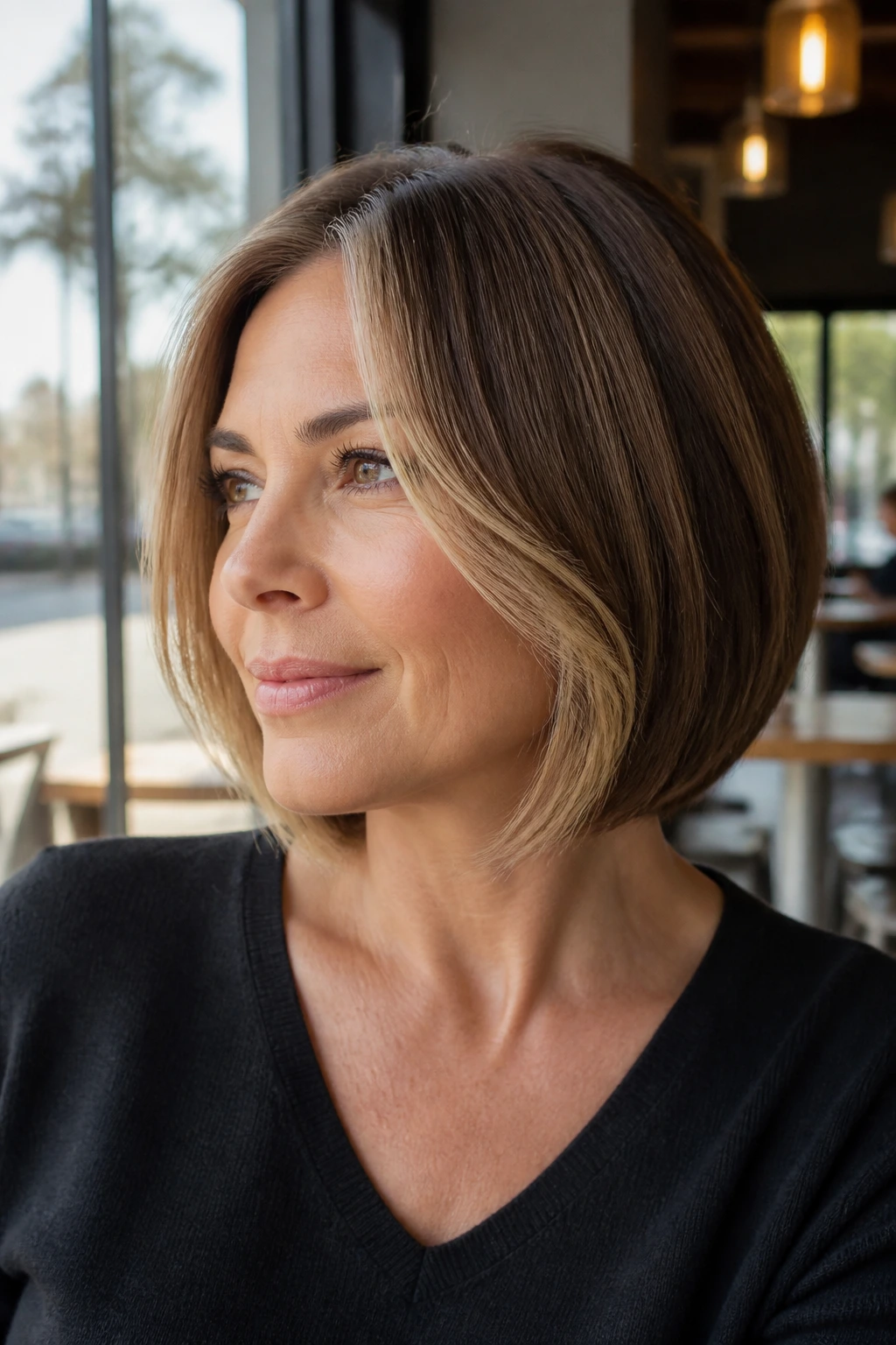 Portrait of a real woman with a polished bob and long money pieces framing the face.