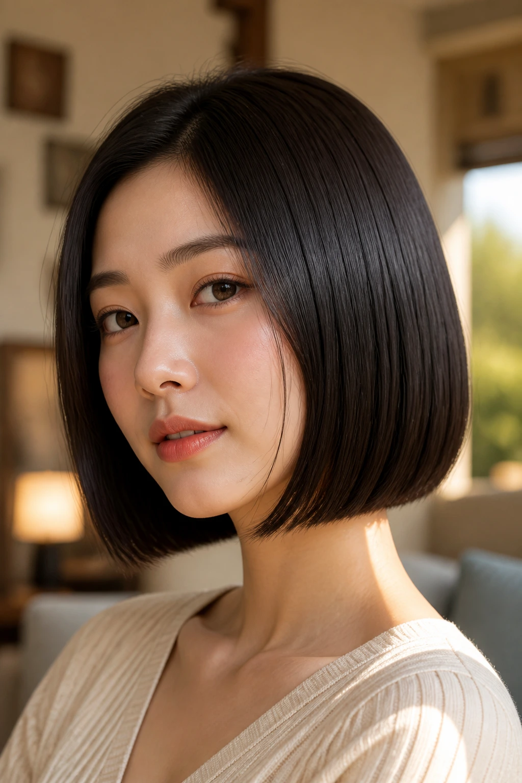 Close-up of a real person with a blunt below-jaw polished bob in natural light