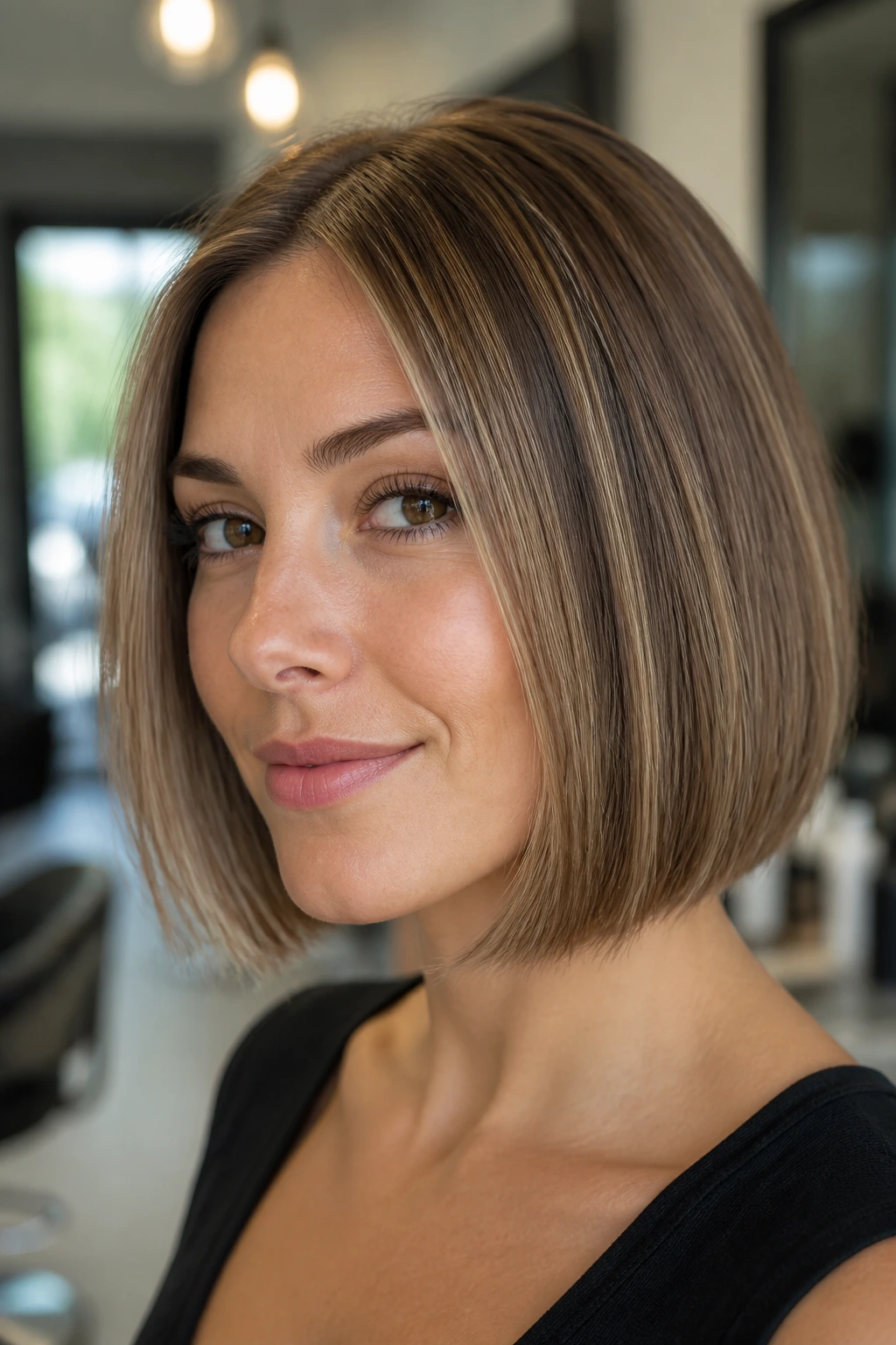 Close-up portrait of a real woman with a polished jaw-length bob in a chic salon