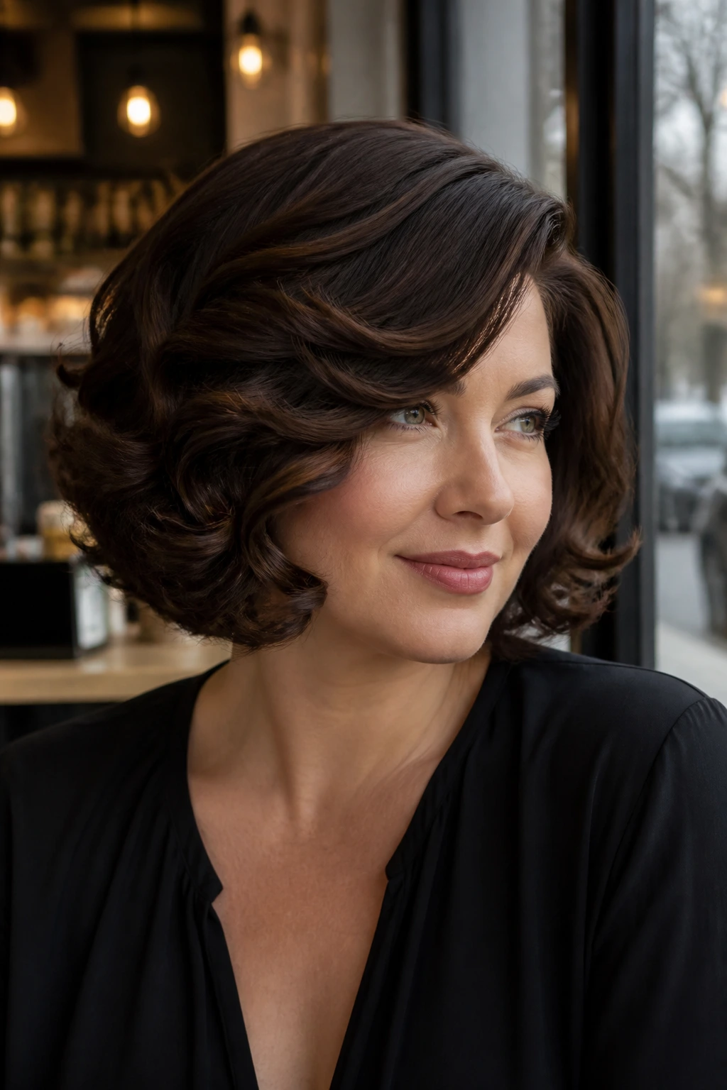 Close-up portrait of a real woman with a polished side-swept curled bob and glossy finish.