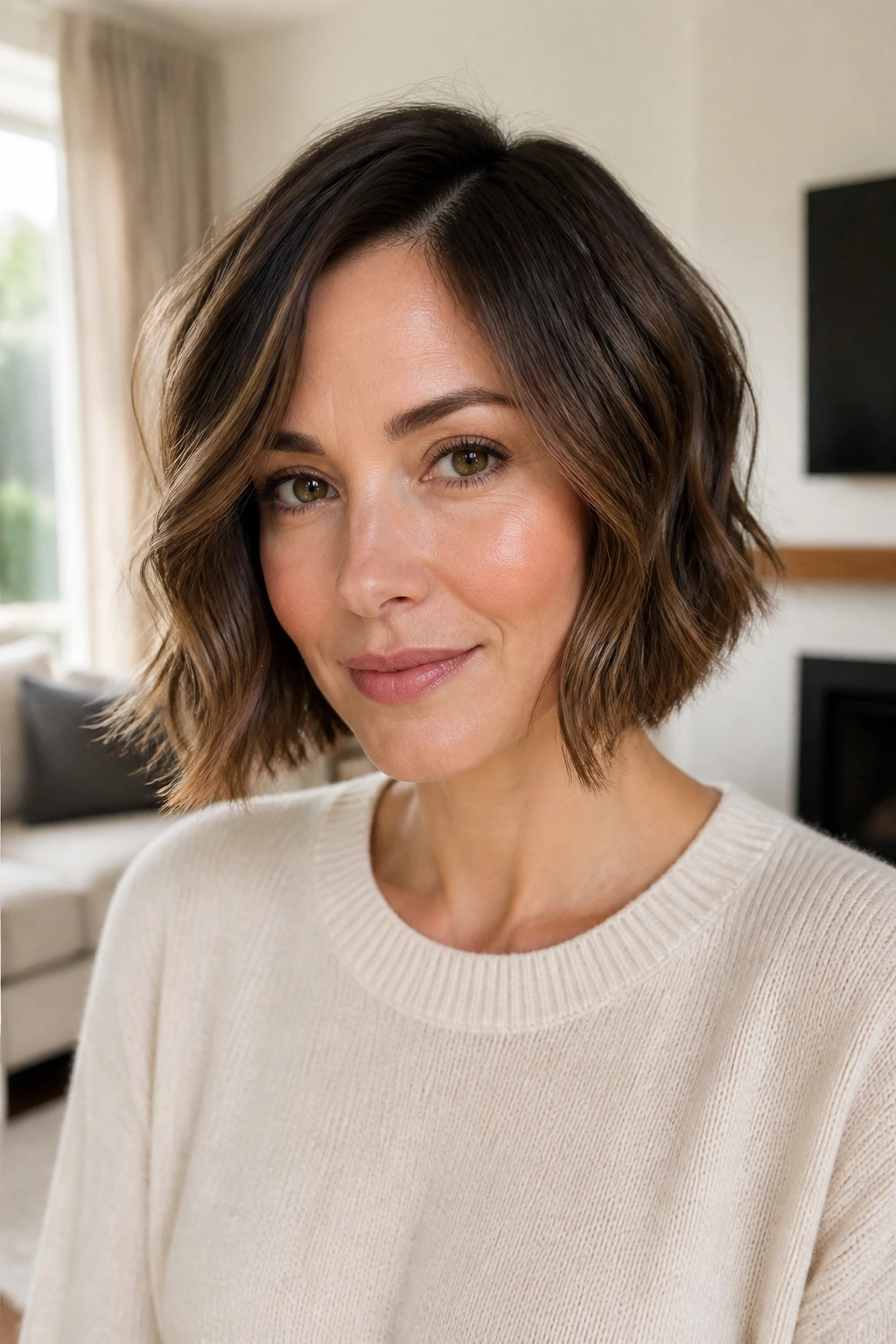 Real woman with polished wavy bob and tapered front in bright living room
