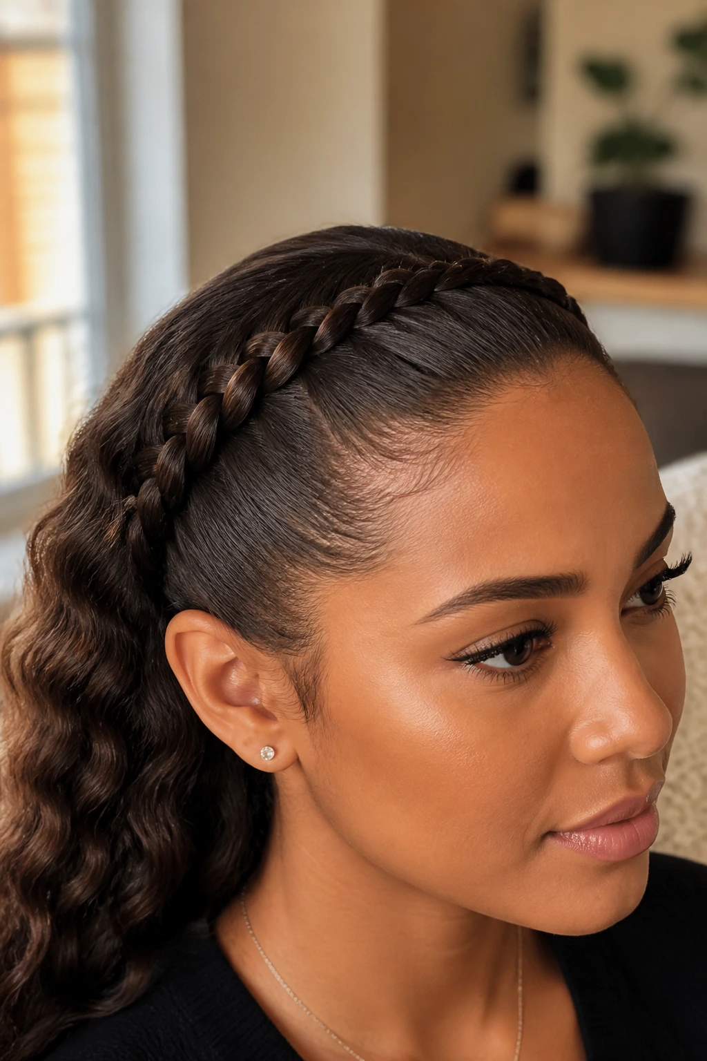 Portrait of a woman with a neat polished crown braid